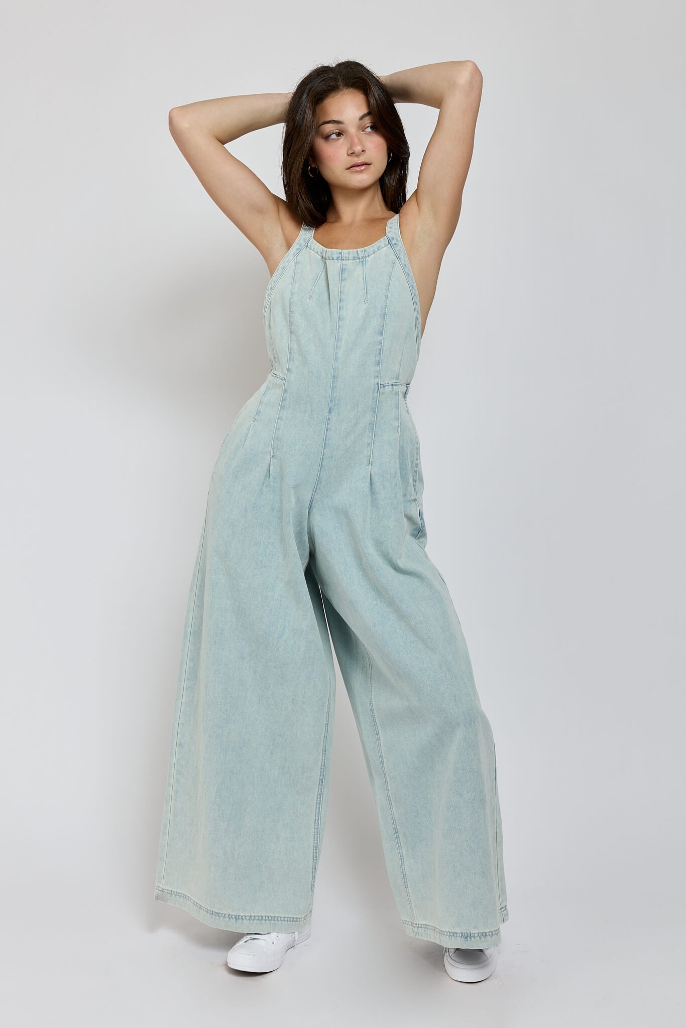 Womens wide leg denim jumpsuit
