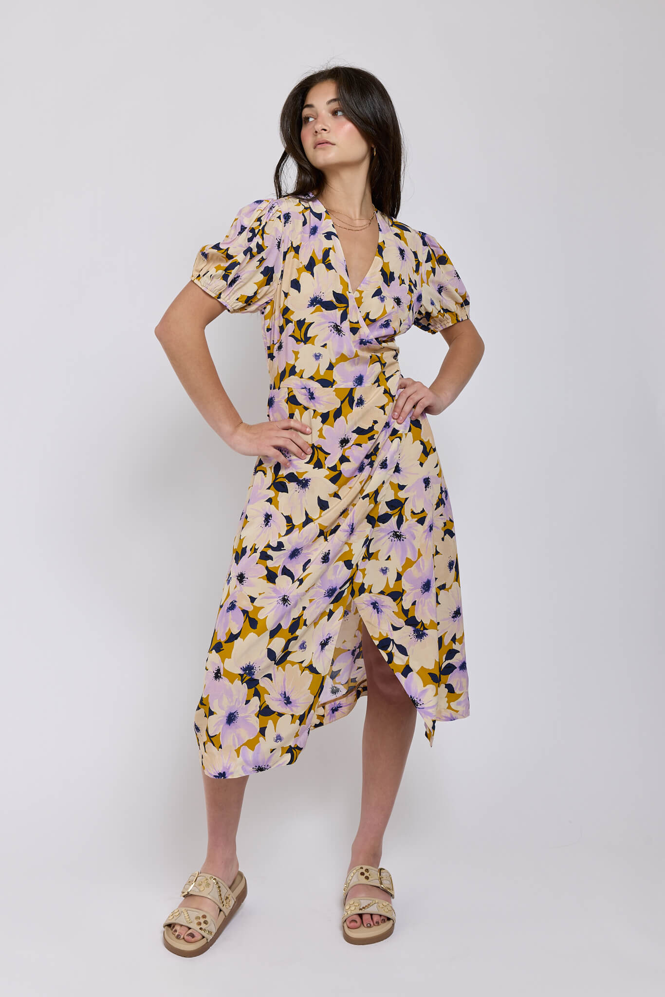 Womens lavender and mustard floral print dress