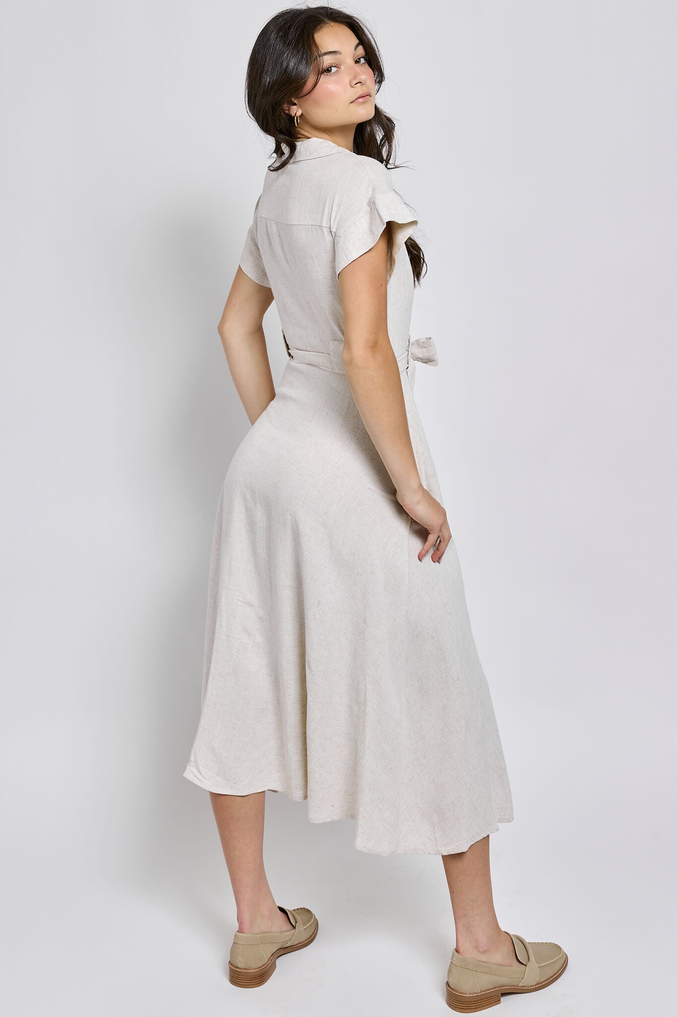 Womens oatmeal colored midi dress with short sleeves and collared neckline