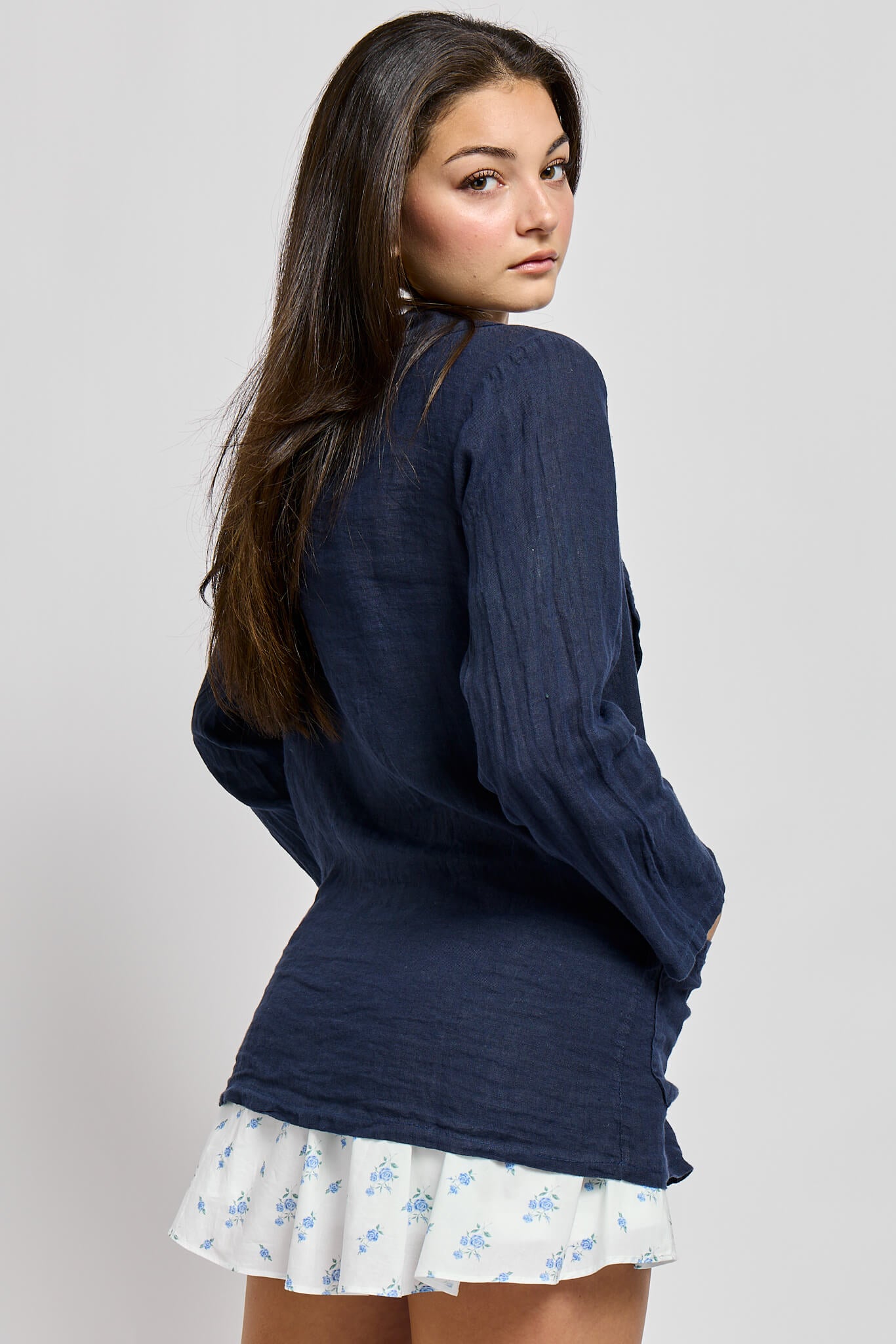 Womens full length linen blue blazer with pockets