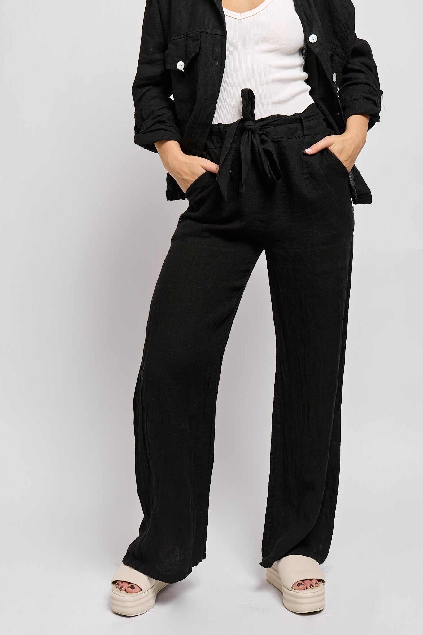 Womens black straight leg linen pants with optional belt
