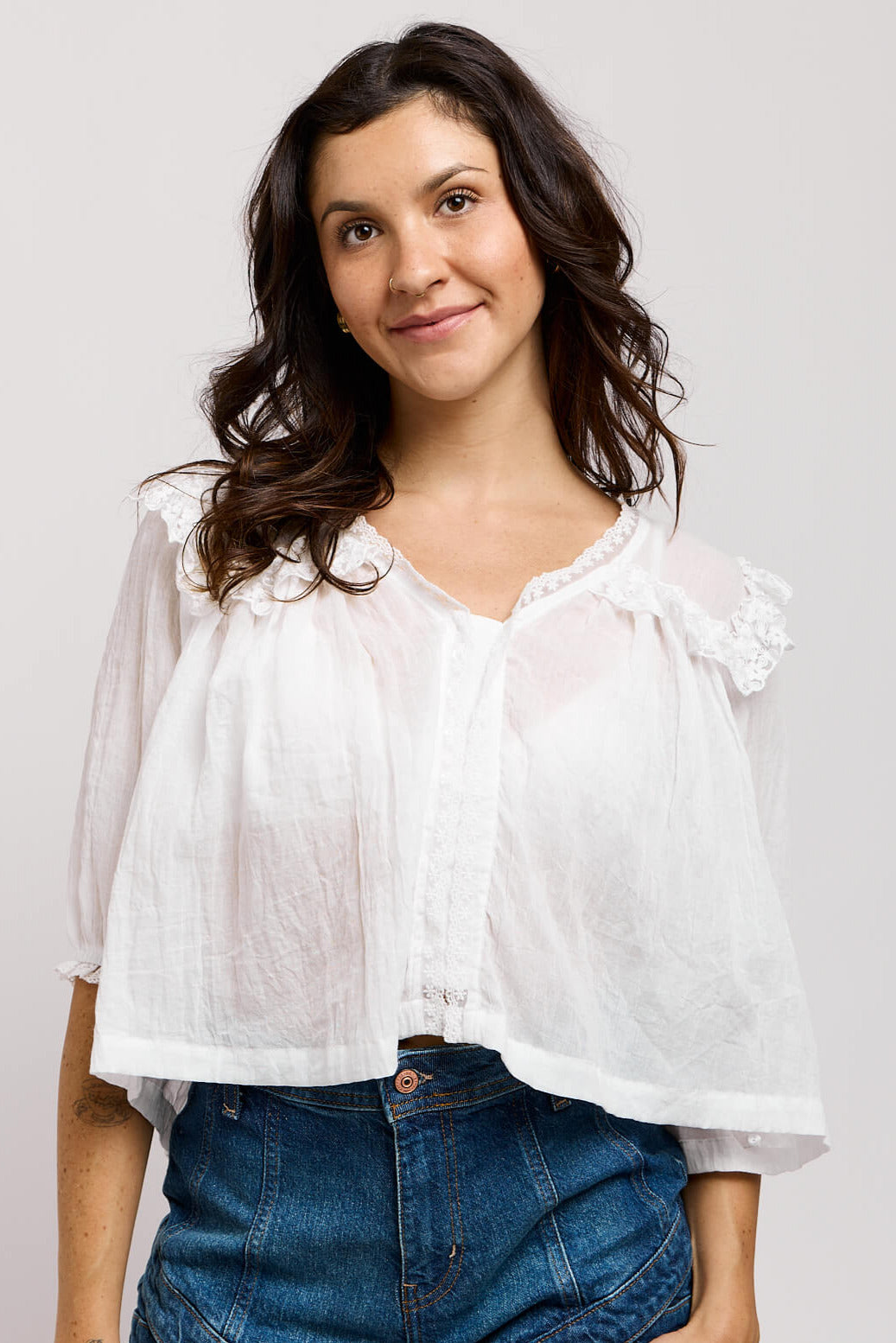 Womens white cropped lightweight top with half sleeves