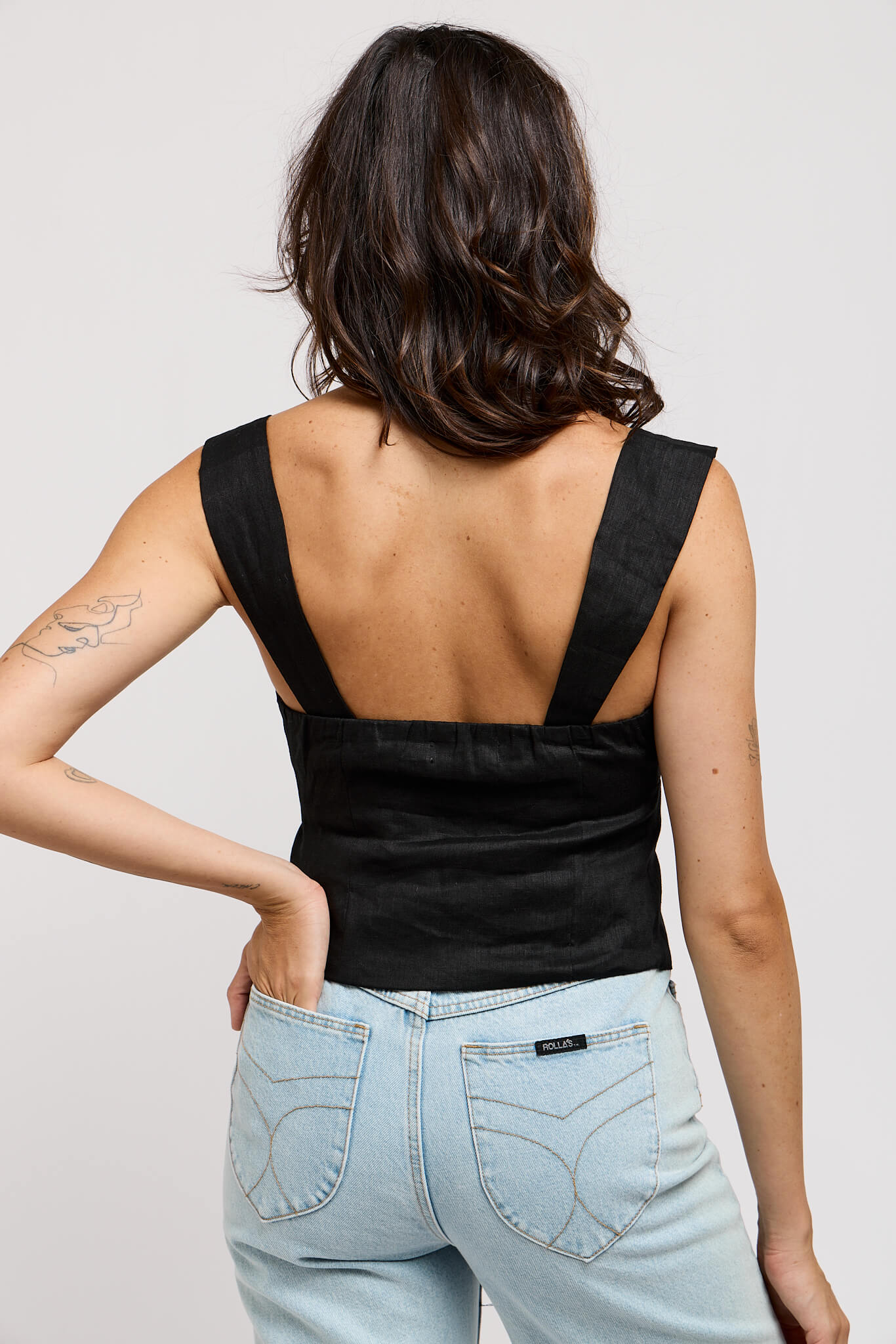 Womens black linen wide strap crop top with adjustable traps