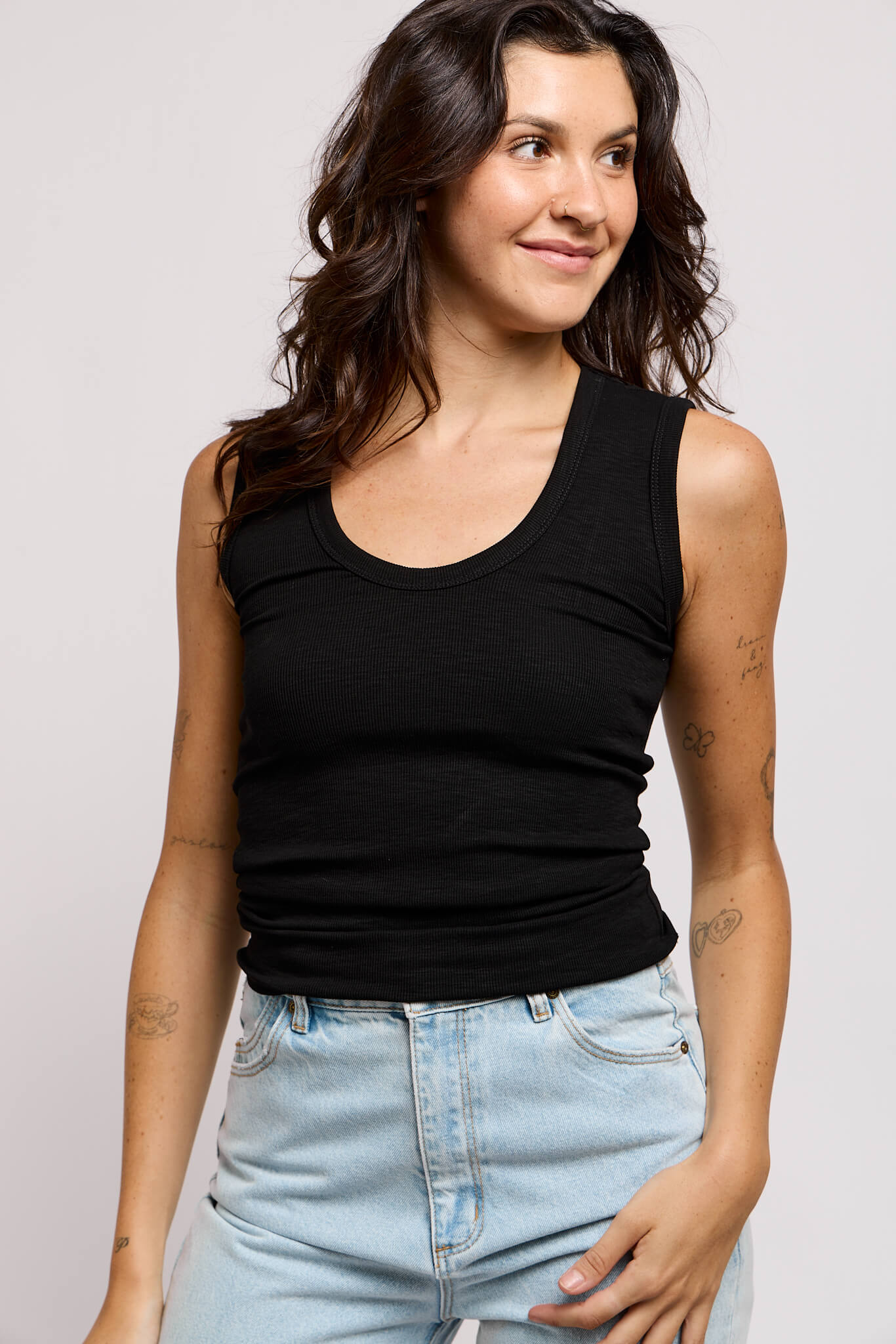 Womens wide strap scoop neck black tank