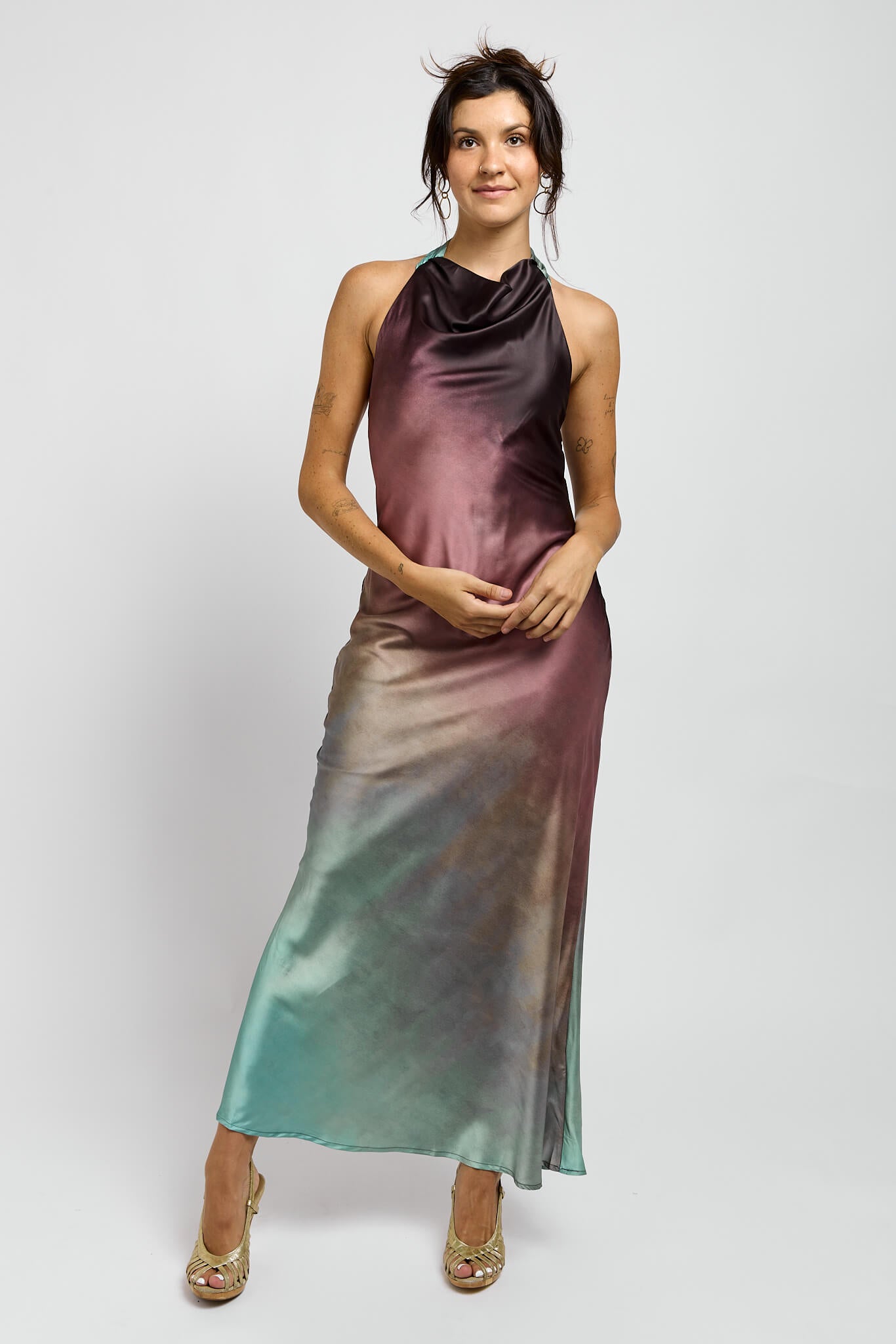 Womens high cowl halter neckline ombre maxi dress