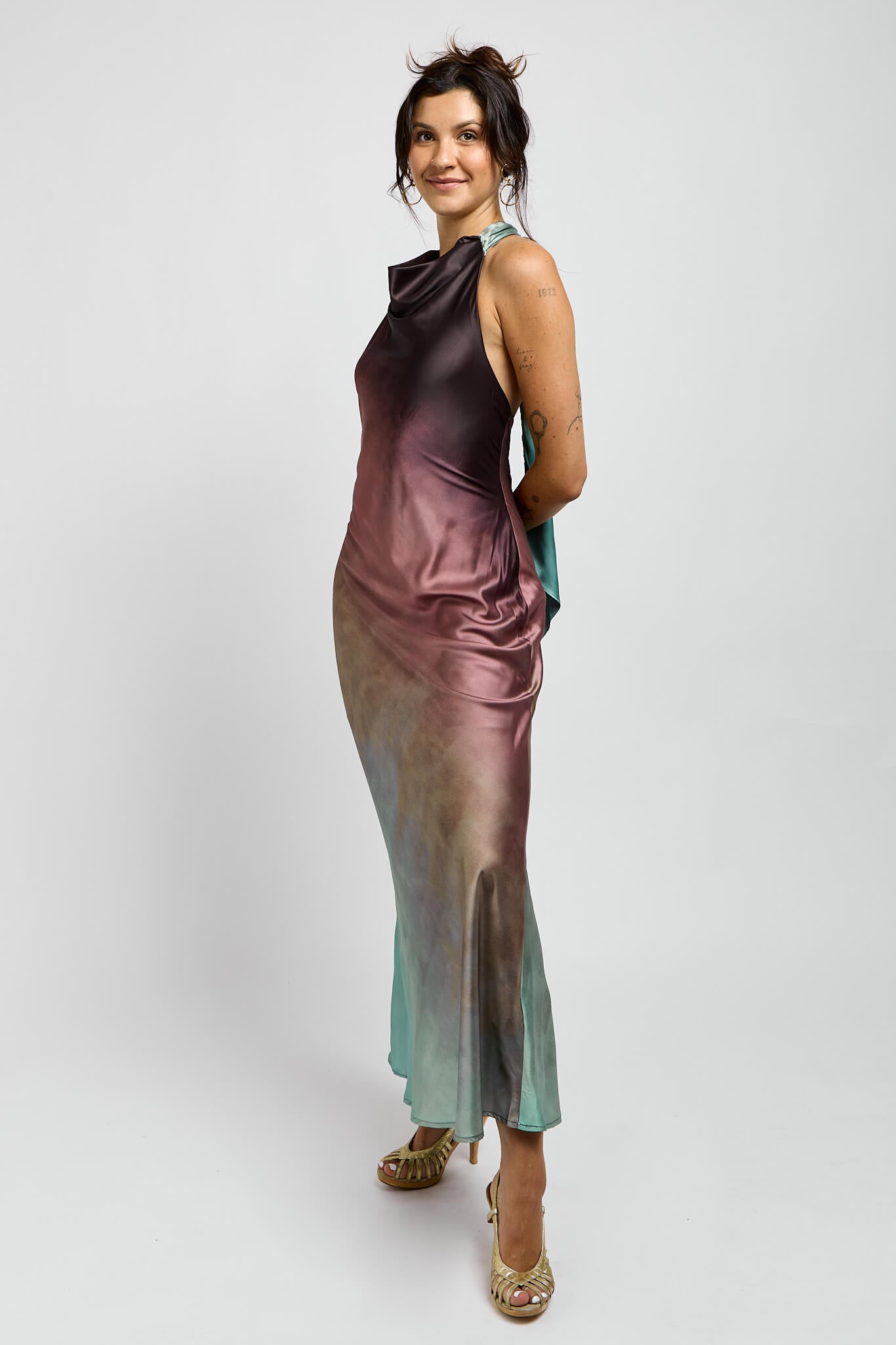 Womens cowl neck halter dress with body sculpting silhouette