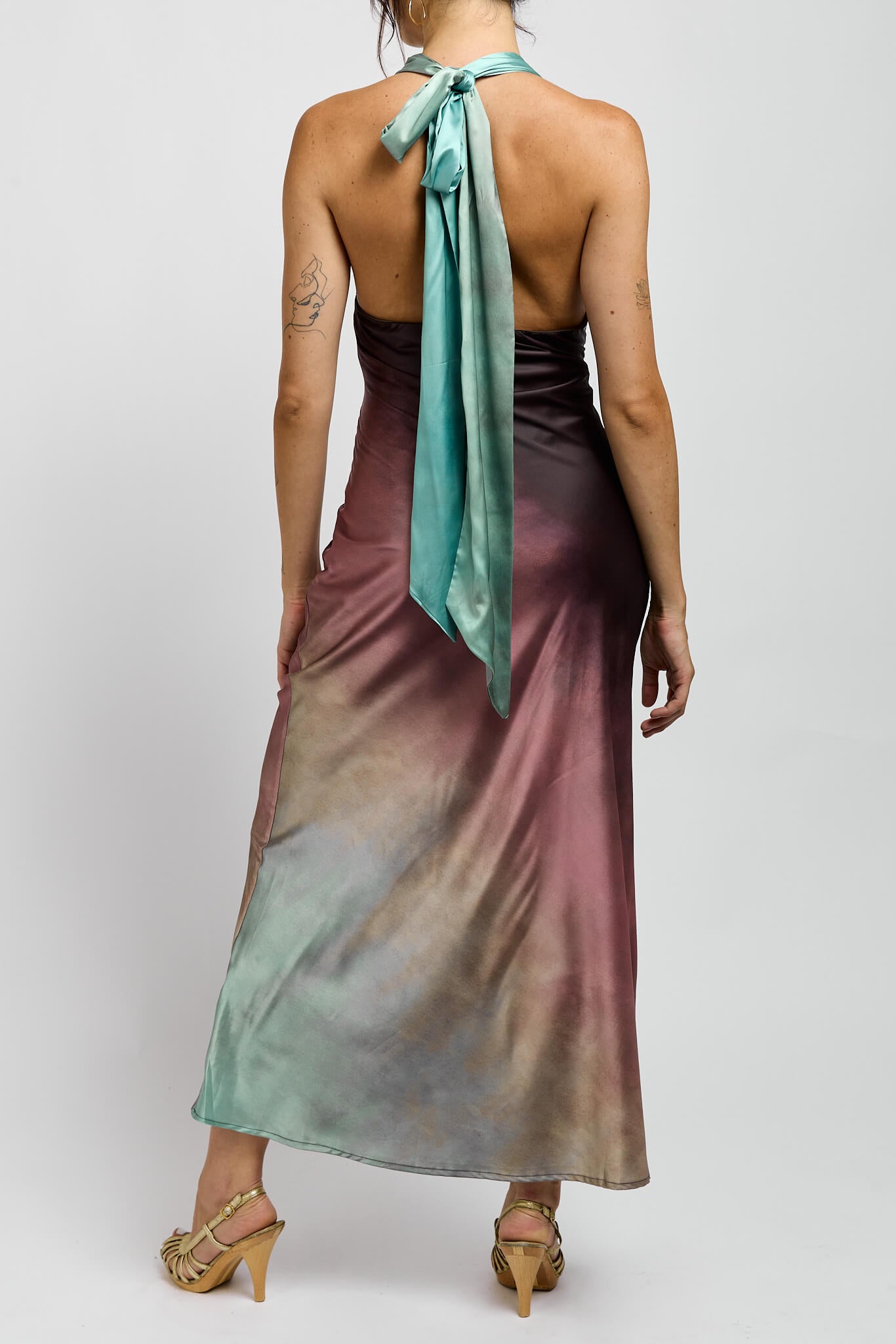 Womens open back halter tie ombre dress with purple and teal hues