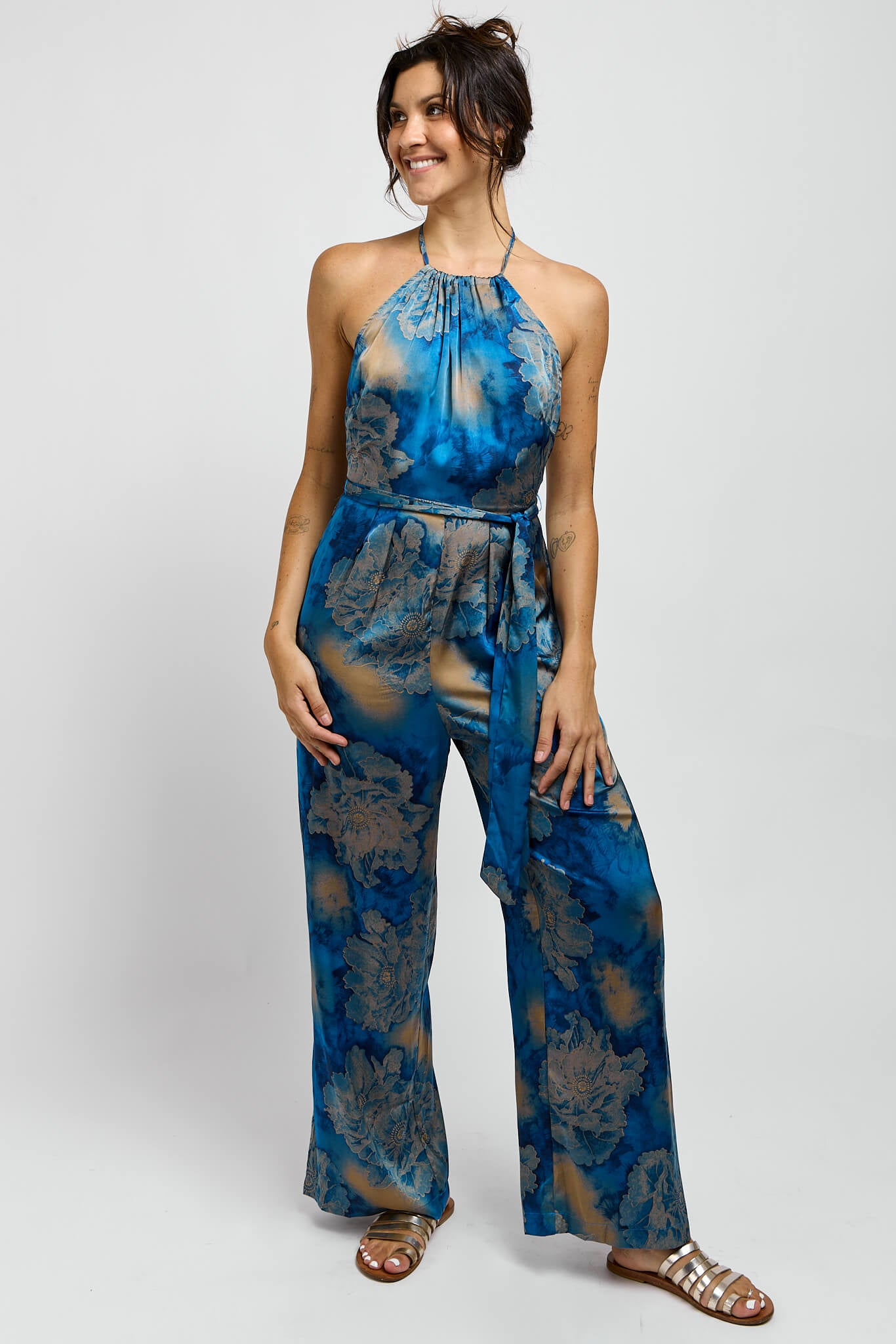 Womens blue printed halter jumpsuit