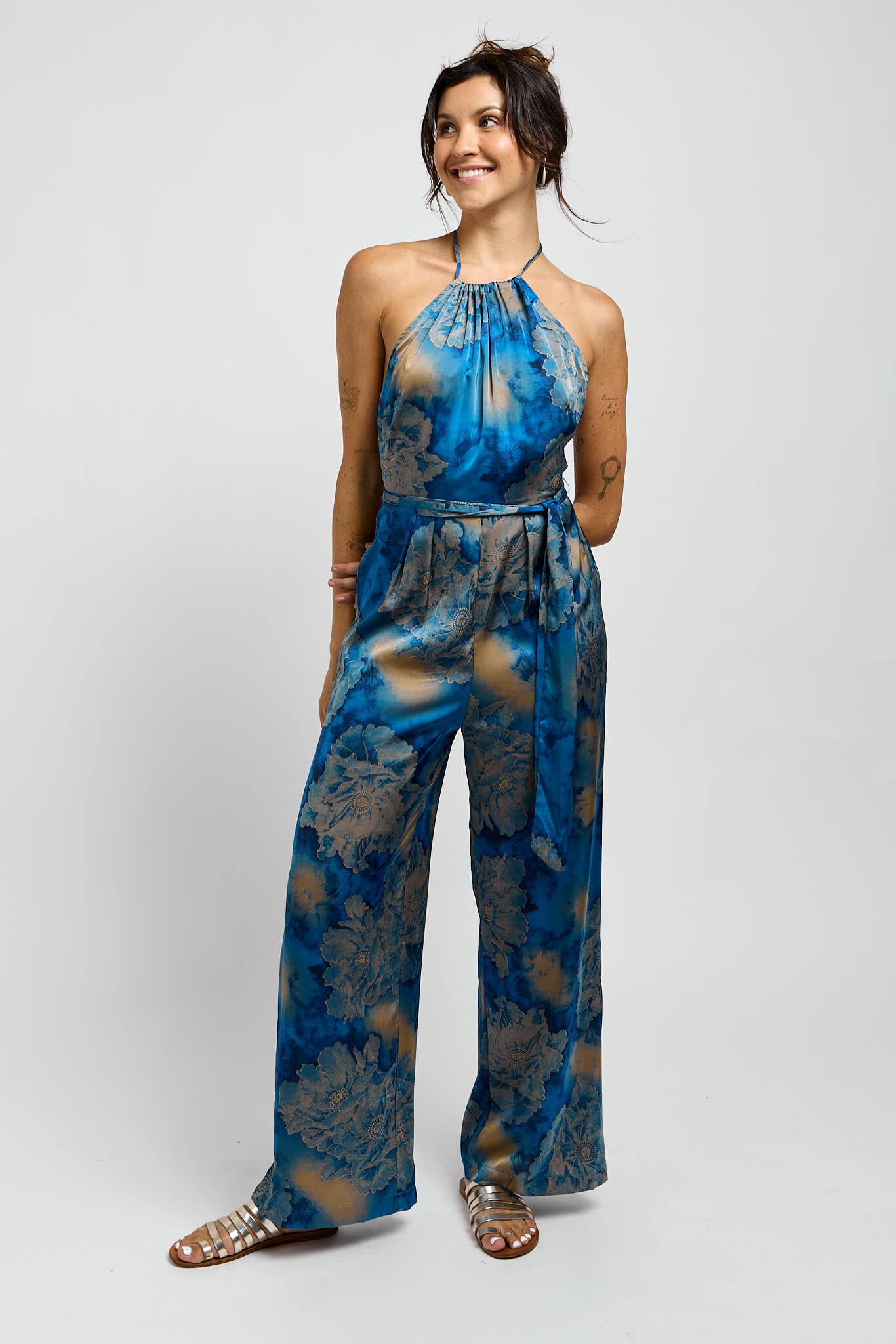 Womens blue halter jumpsuit with waist tie