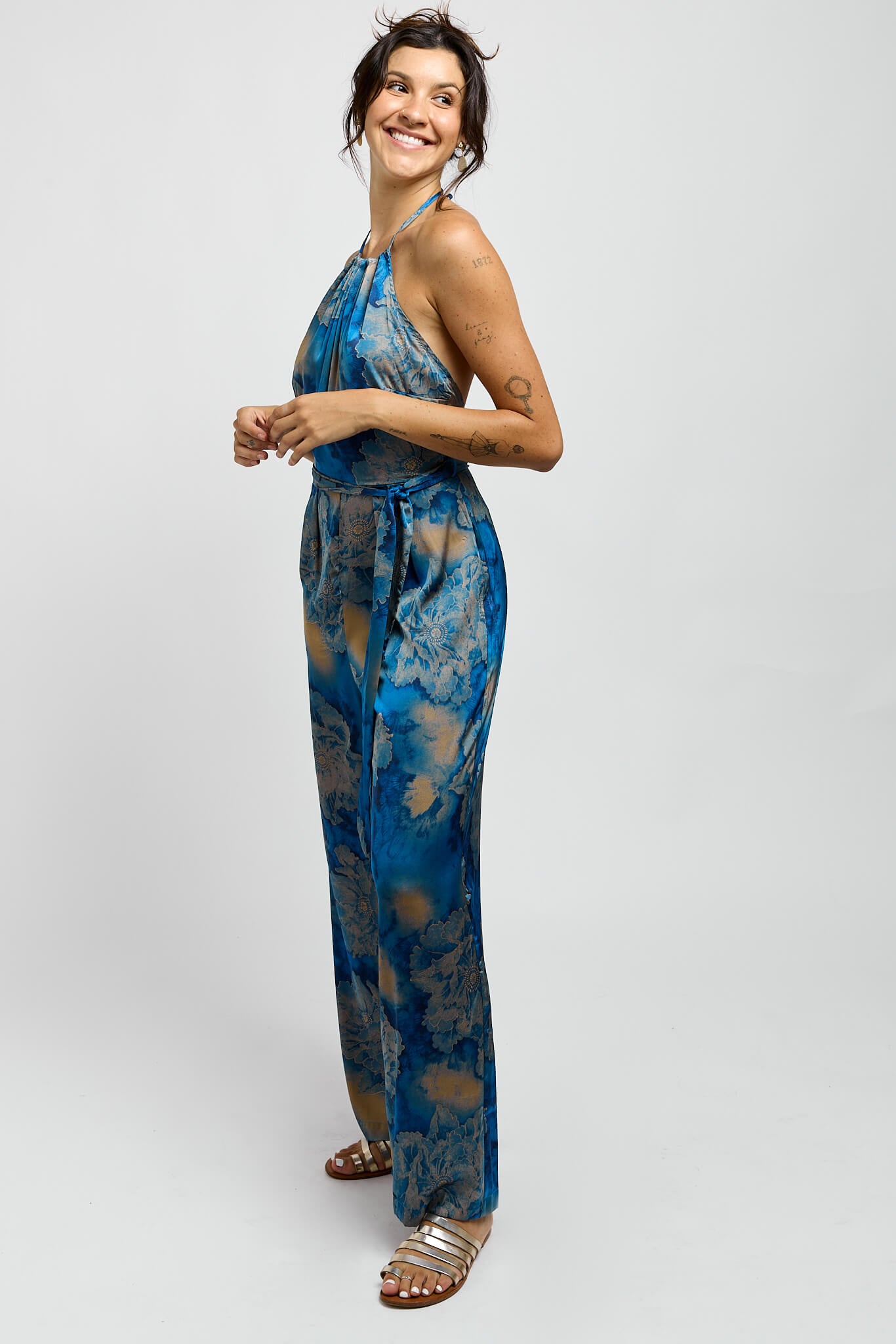 Womens blue open back halter jumpsuit