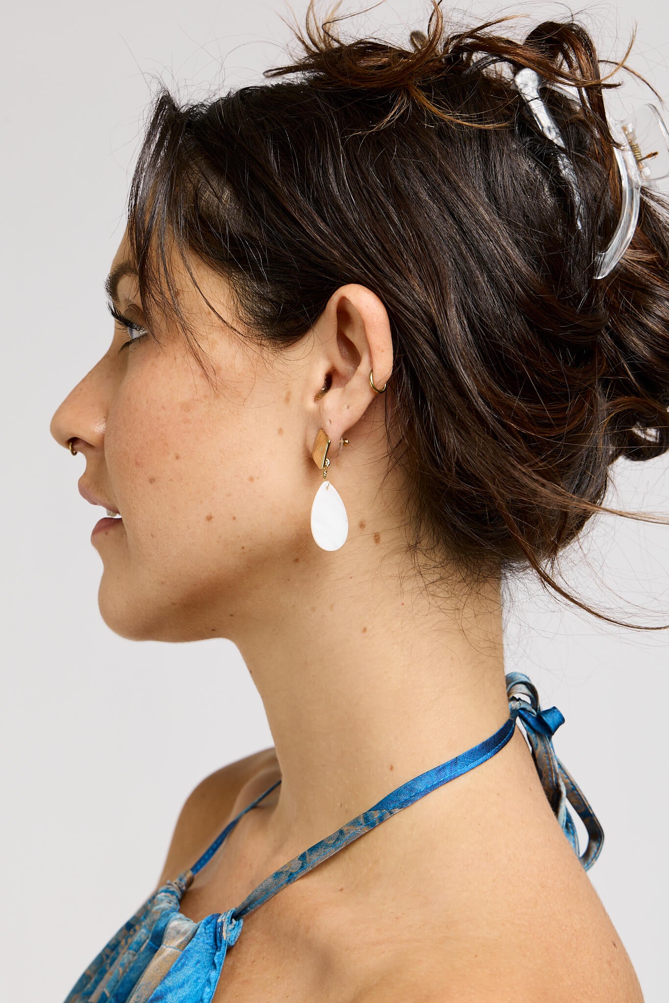 Womens gold and iridescent dangle earrings