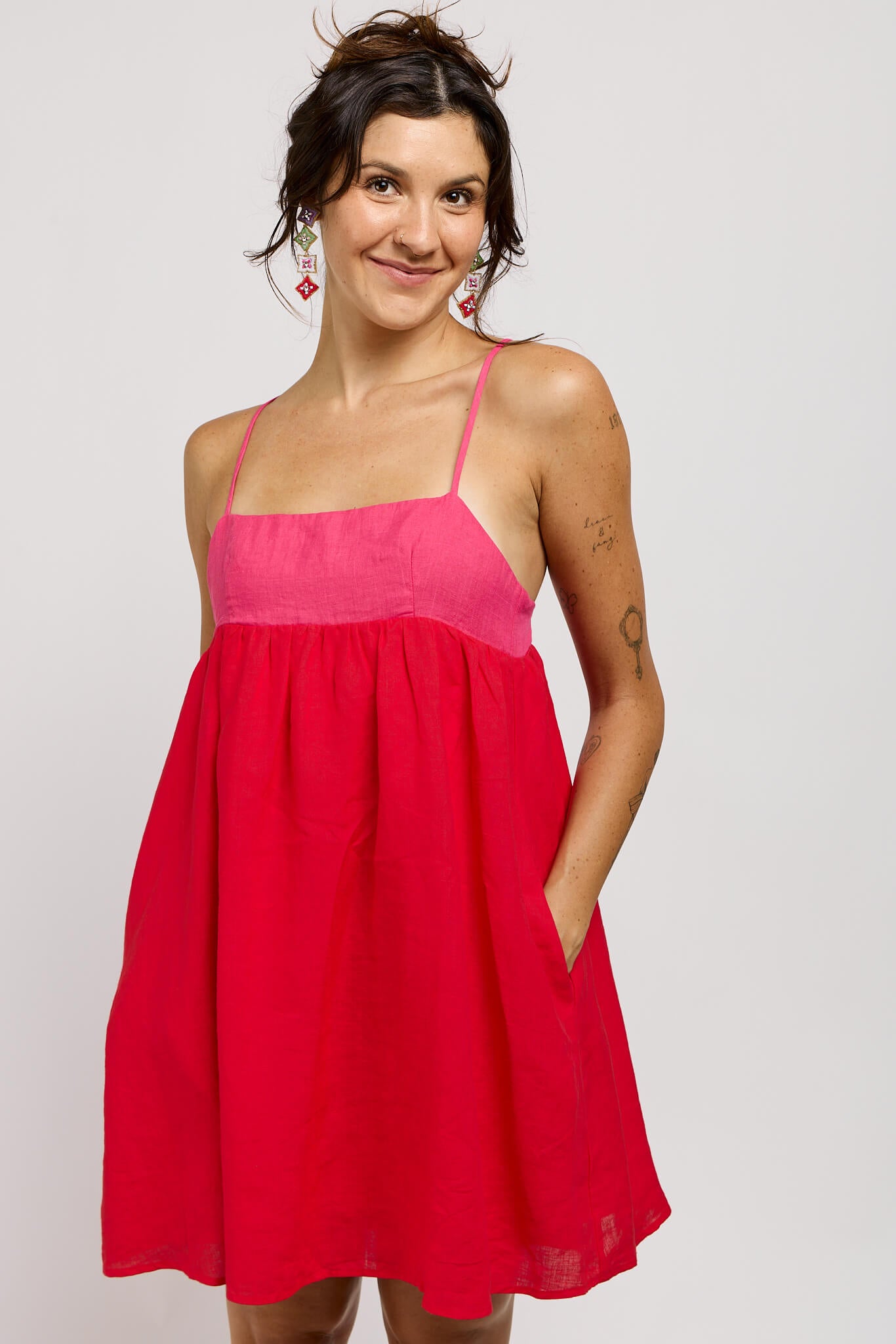 Womens red and pink mini dress with pockets and spaghetti straps