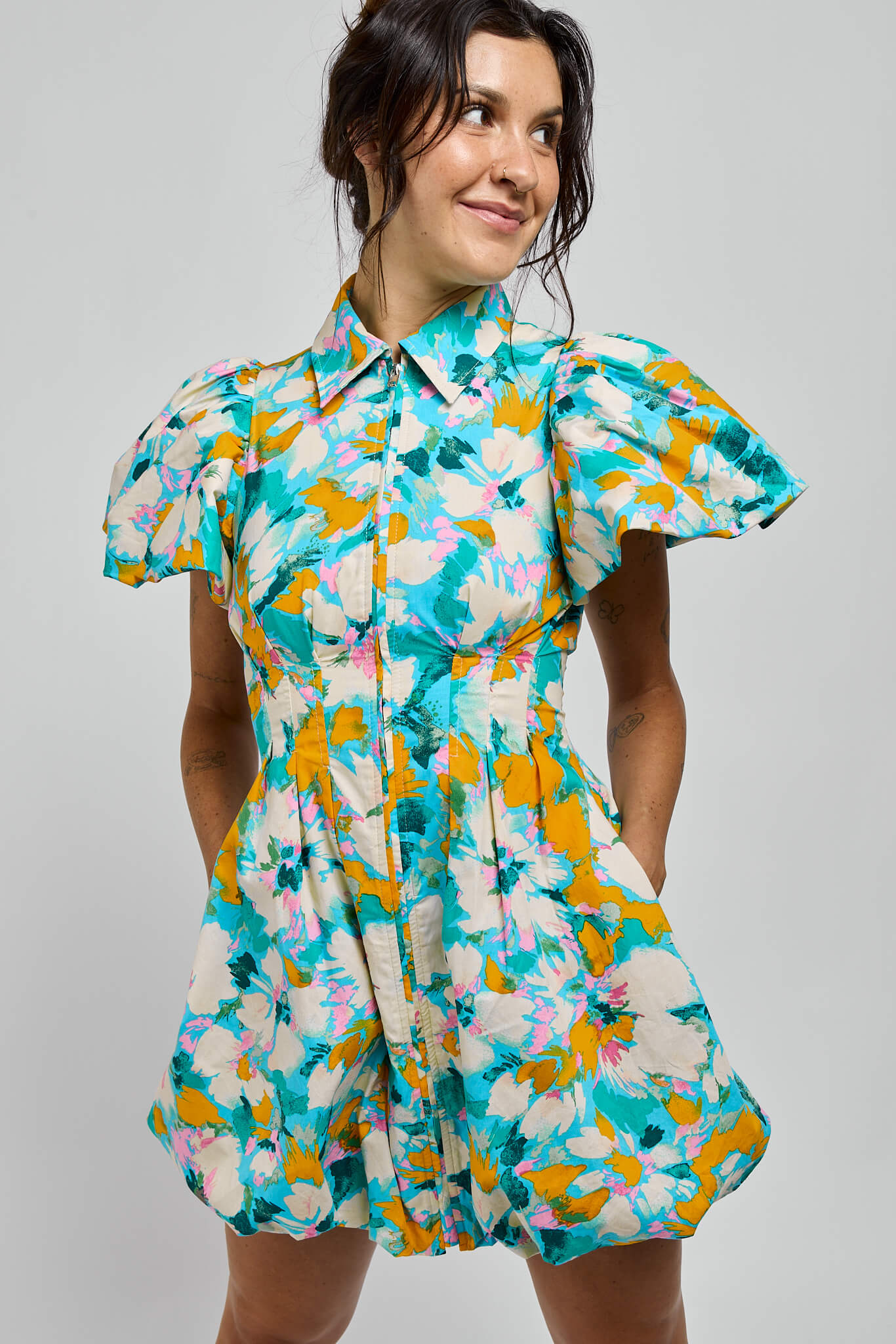 Womens bright floral zip up front dress