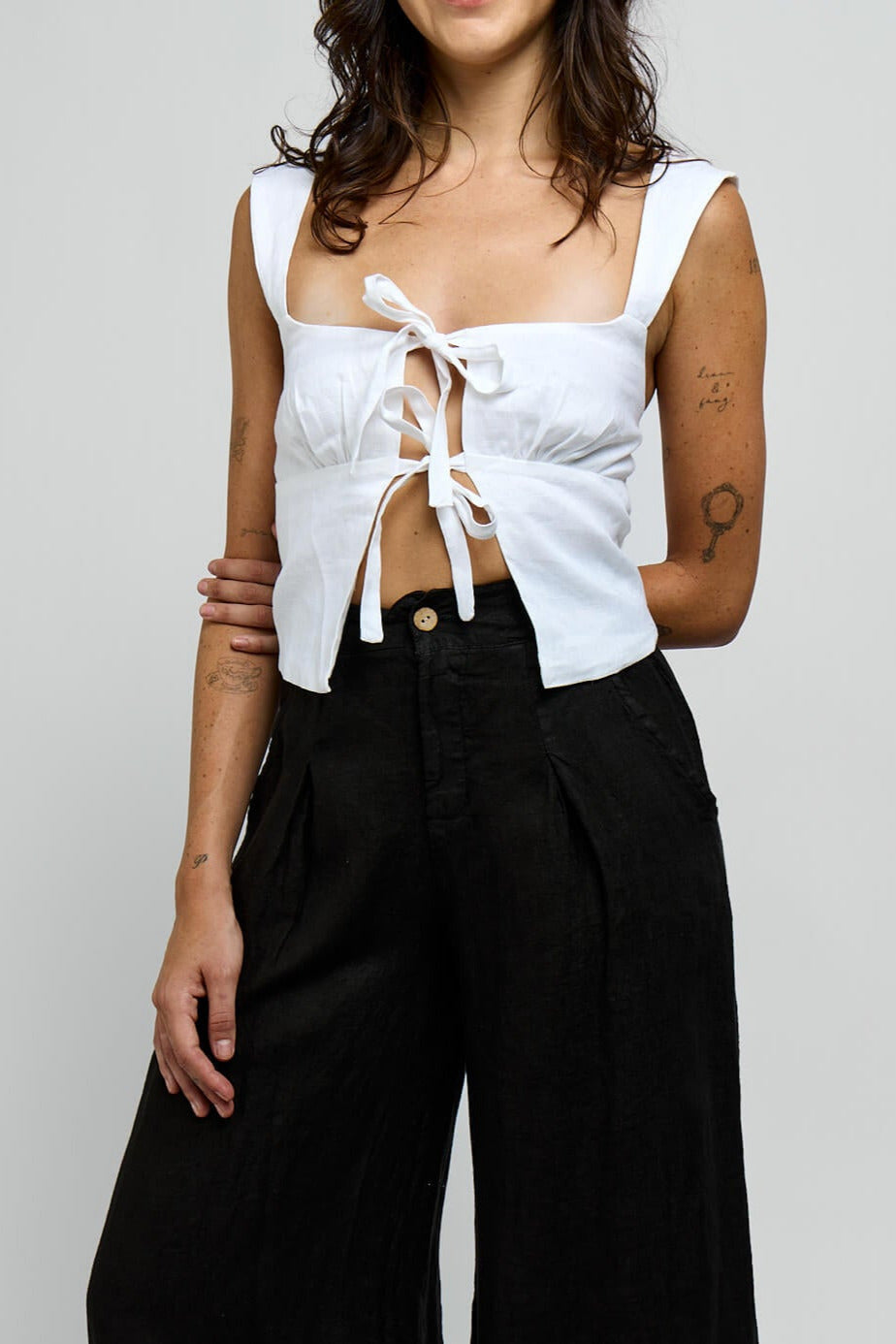 Womens white linen top with front tie closures