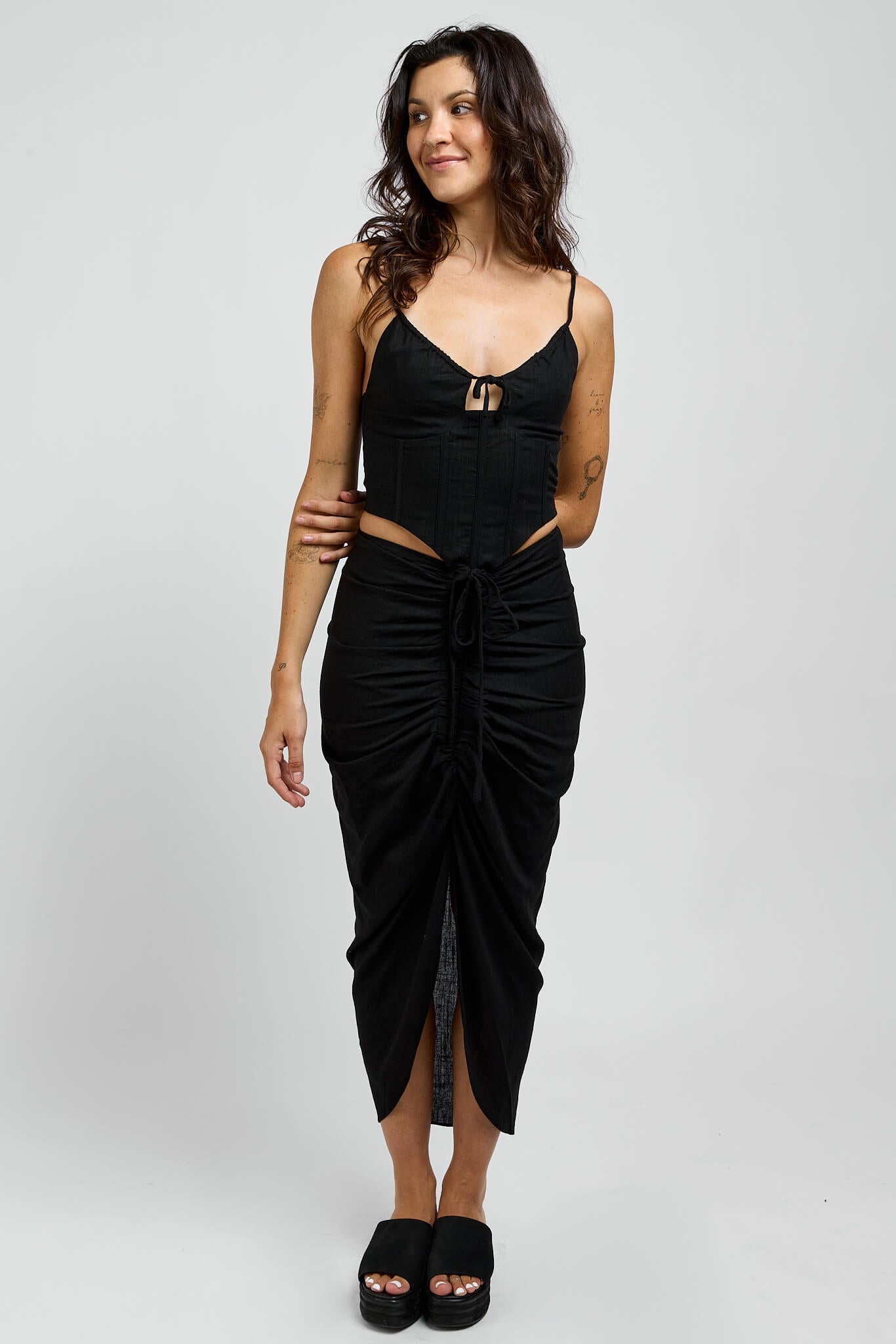 Womens black linen front cinched midi skirt