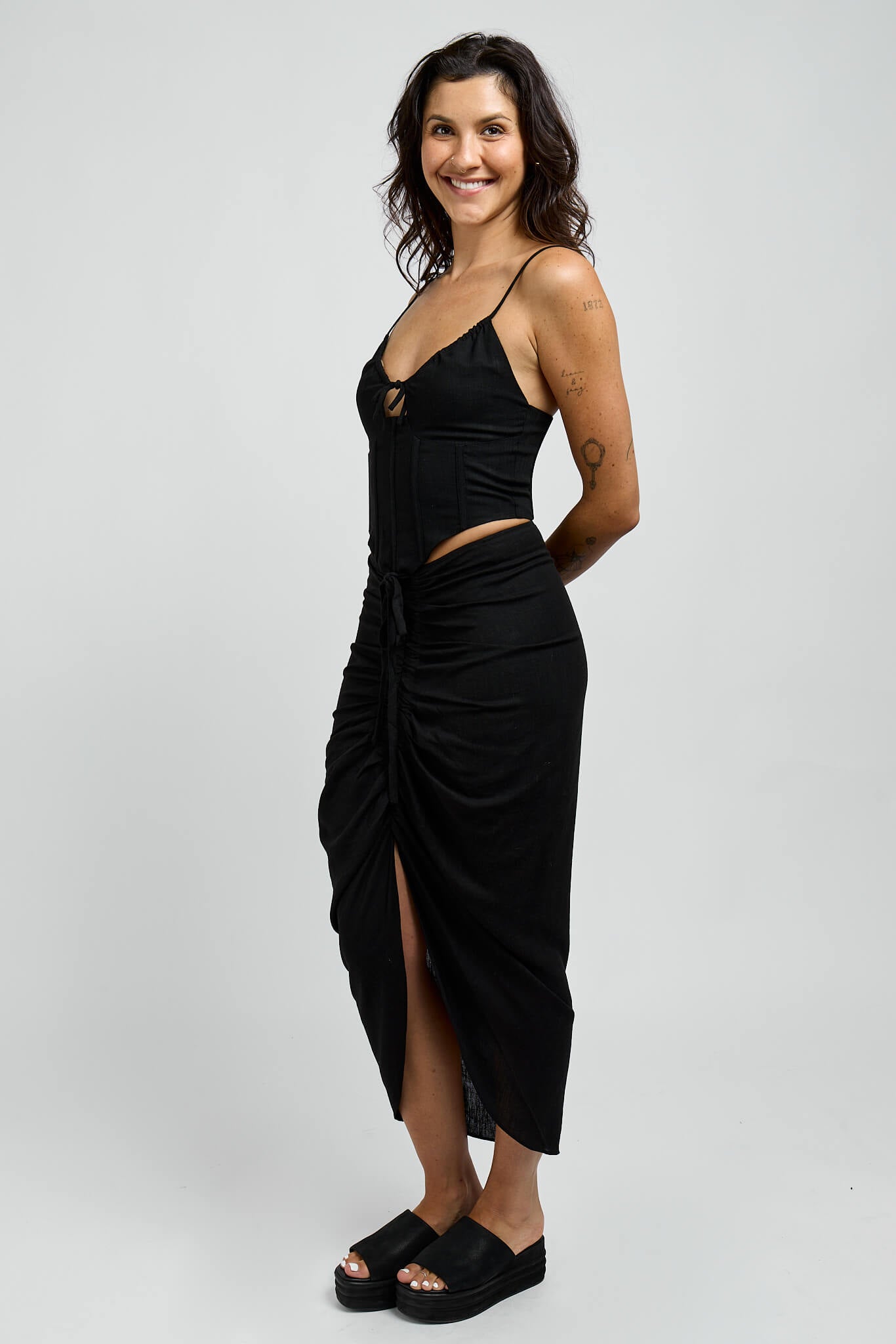 Womens black midi skirt with front cinching and front tie