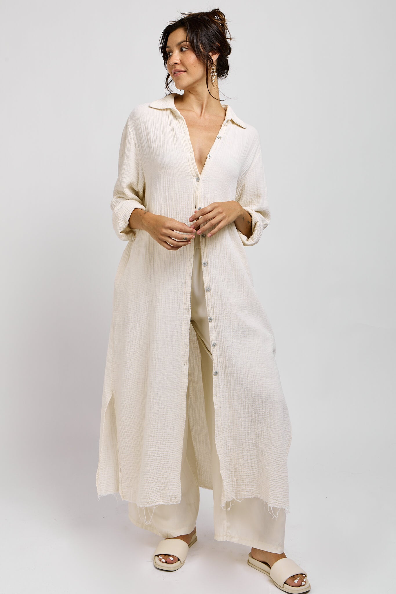 Womens long neutral toned gauz style duster