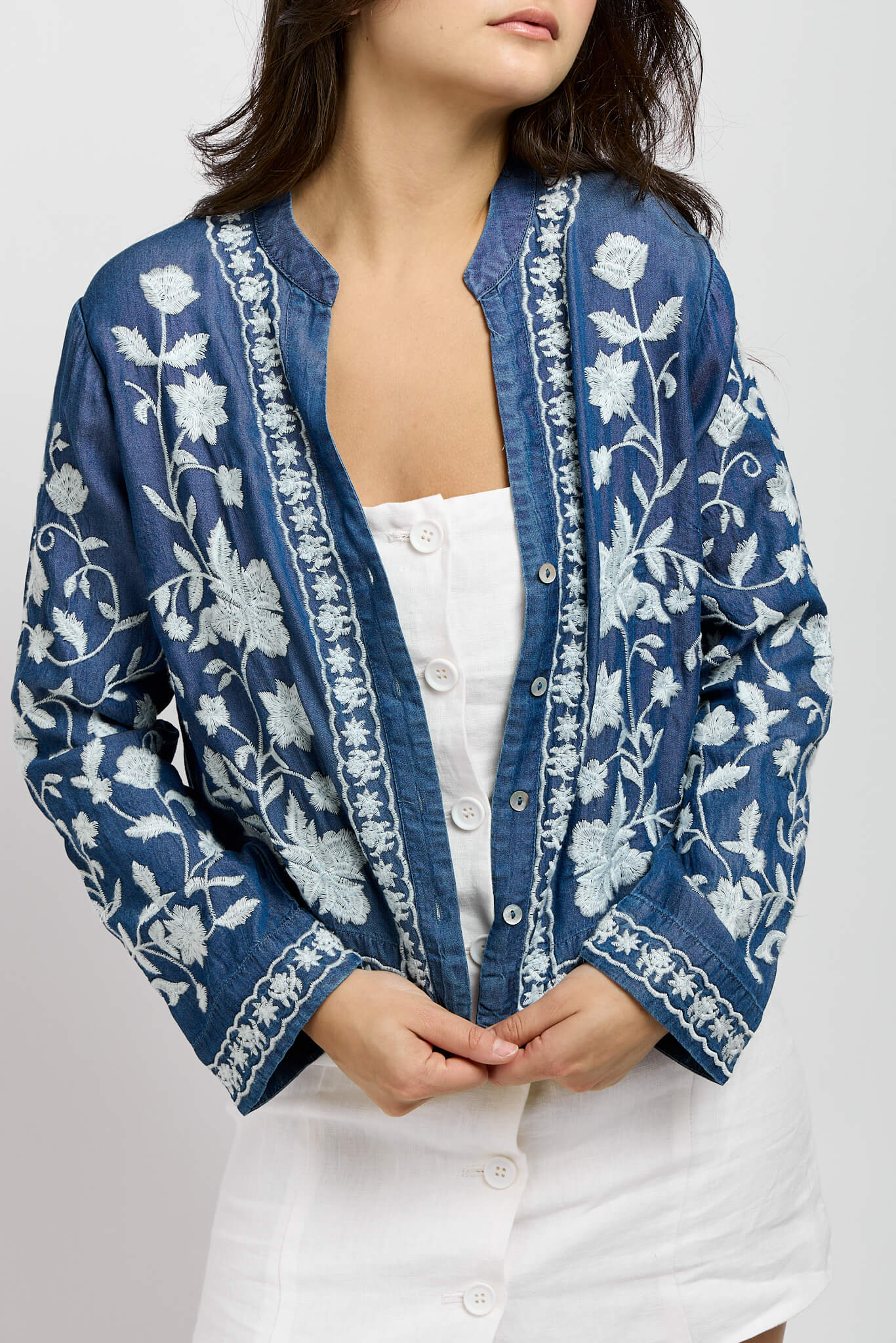 Womens dark denim jacket with embroider all around