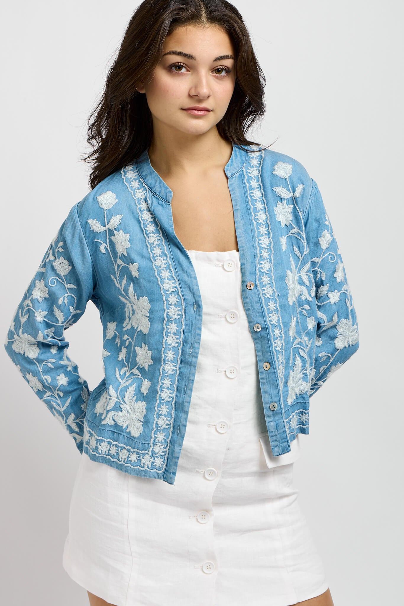 Light wash denim lightweight jacket with embroidery