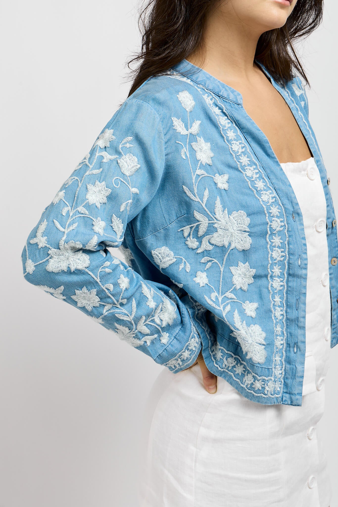 Womens light wash denim jacket with white embroidery