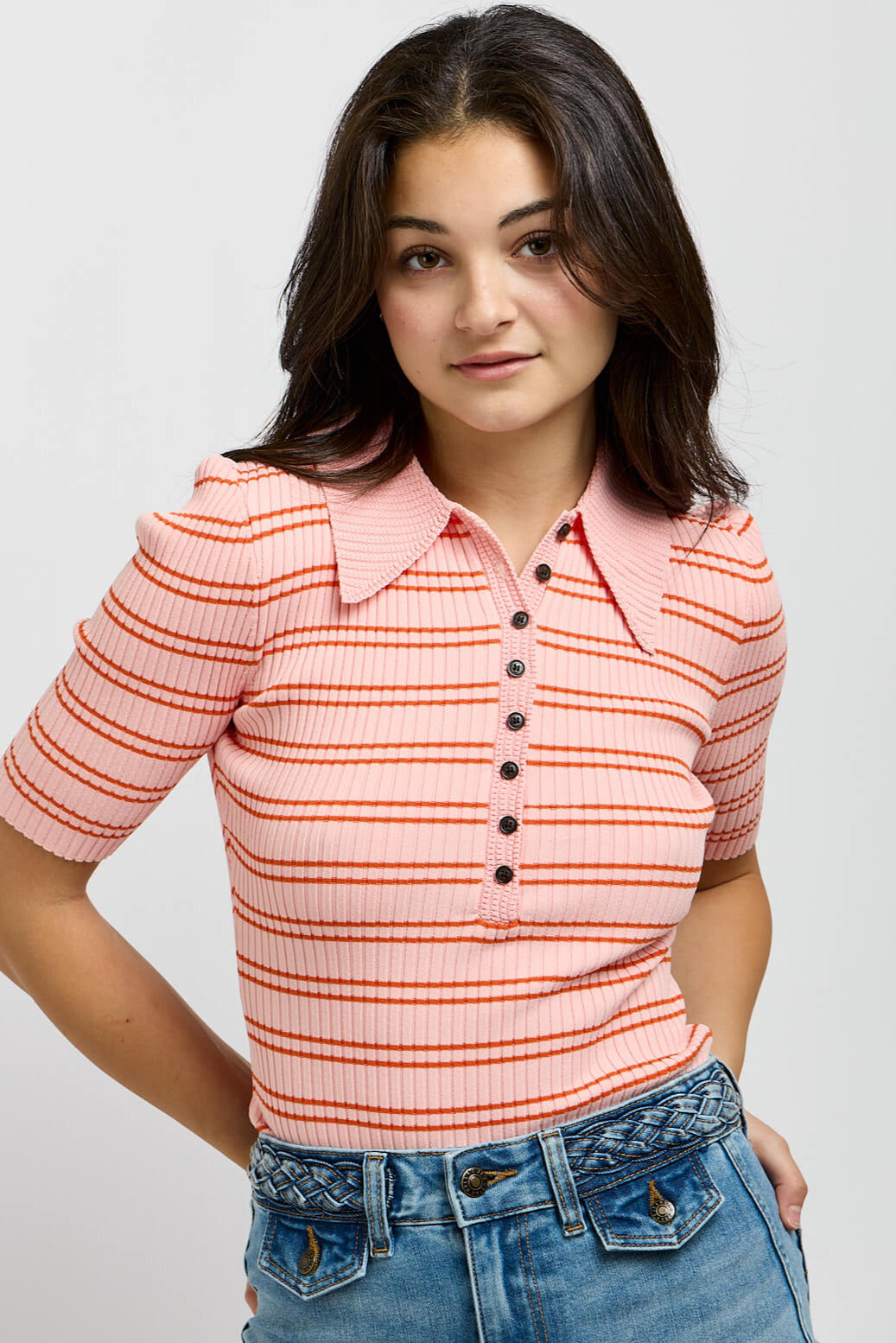 Womens fulll length ribbed striped shirt with button and collar
