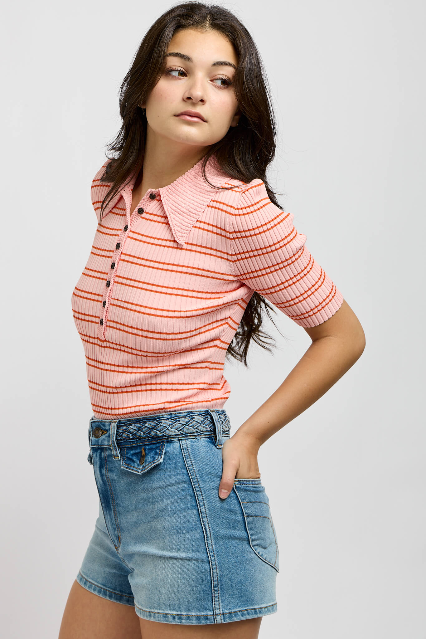 Womens short sleeve striped ribbed shirt