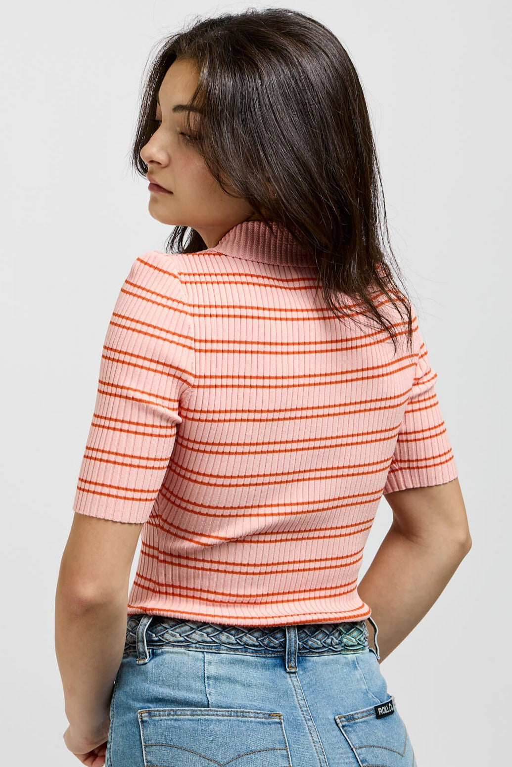 Womens ribbed top ith pink and orange horizontal stripes