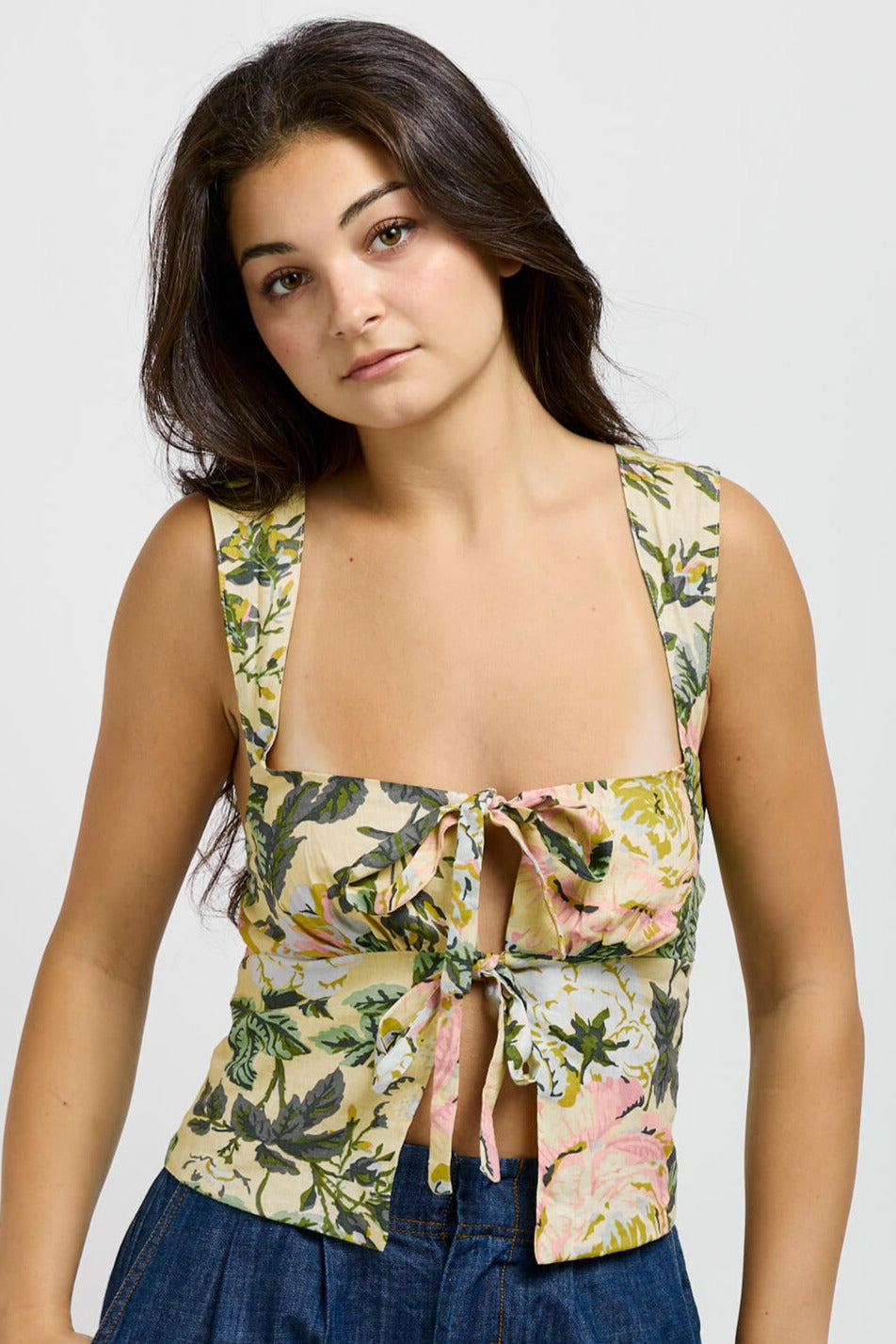 Womens wide strap square neck crop top with front ties