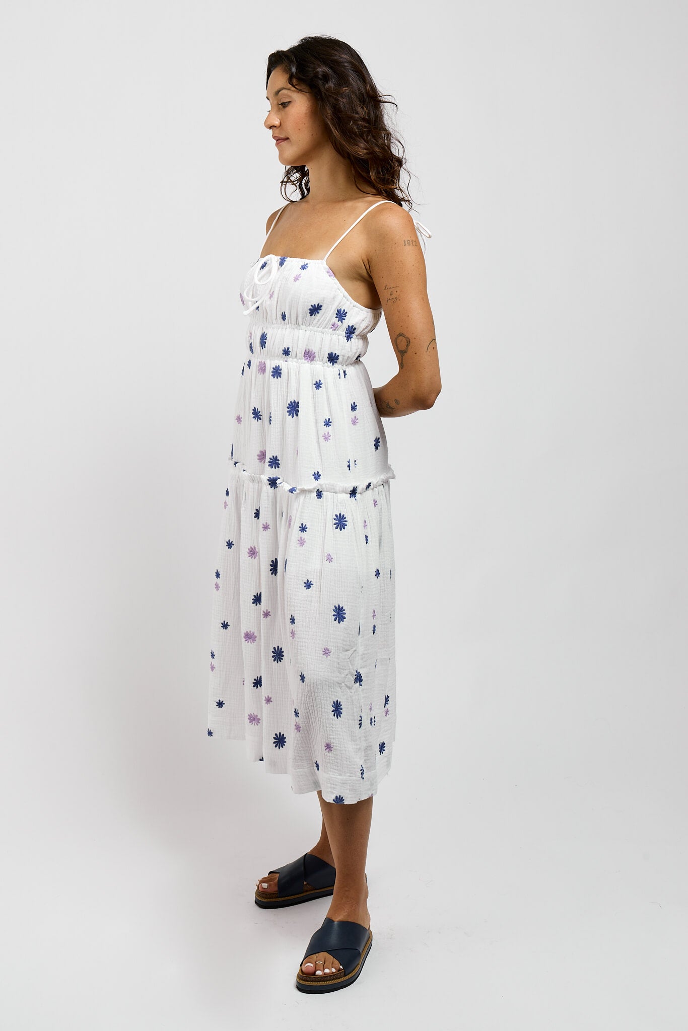 Womend white cotton midi skirt with blue and purple floral embroidery all over