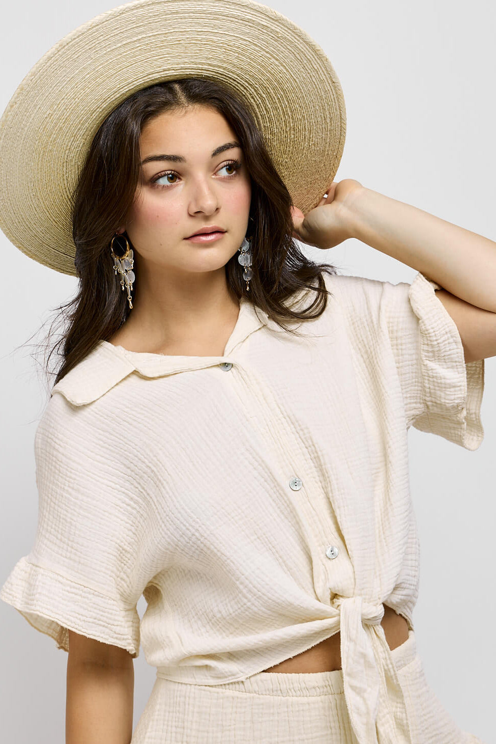 Womens gauze style short sleeve natural colored top