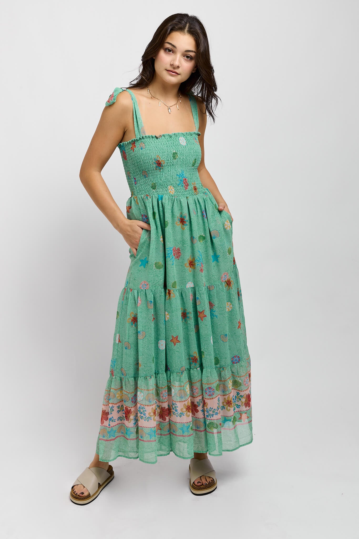 Womens printed green maxi dress with pockets