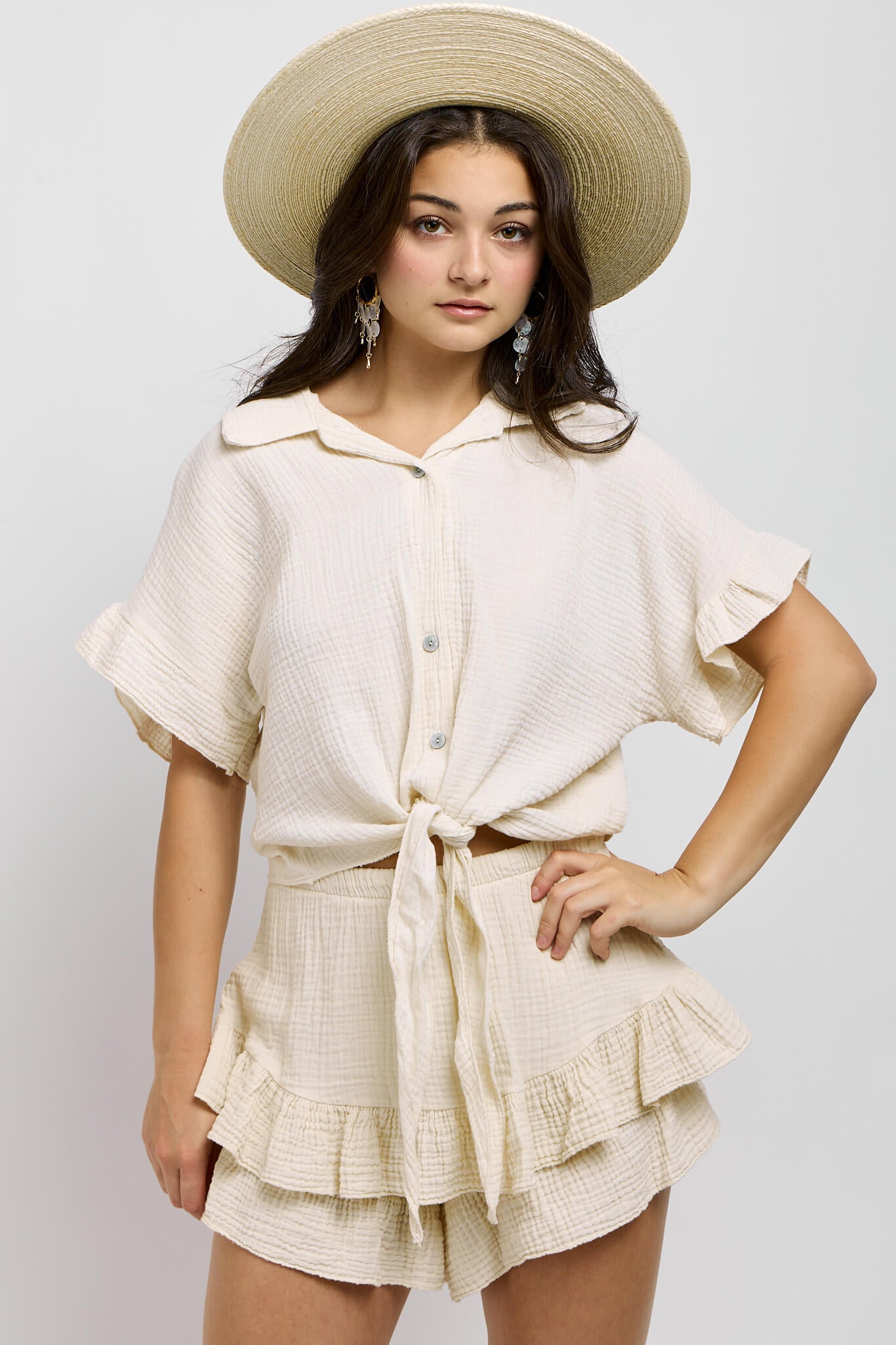 Womens natural colored buttonup tie front top