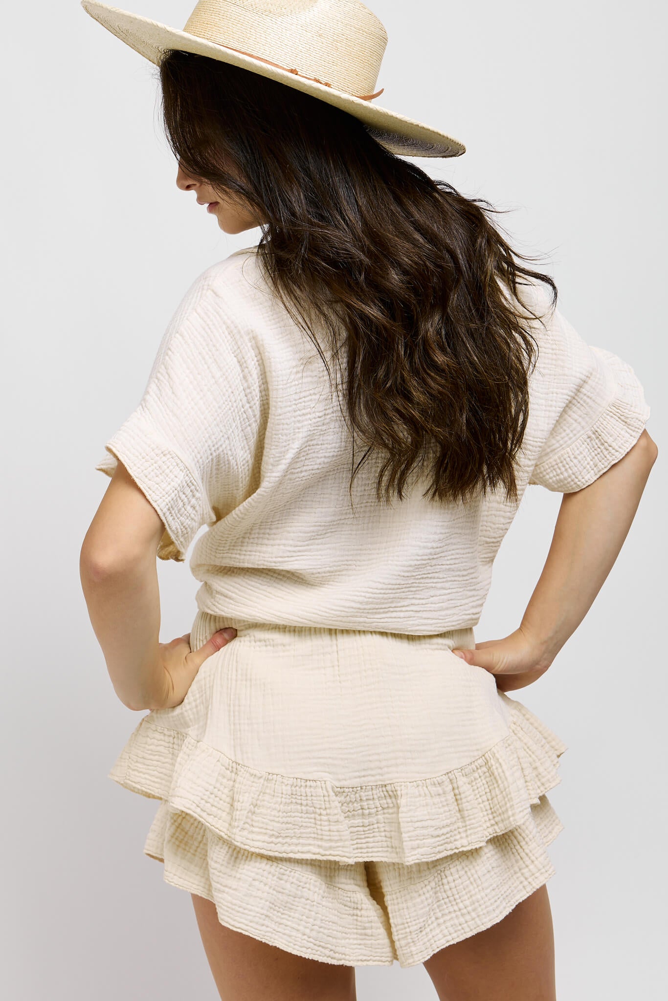 Womens ruffle shorts with stretchy band and no pockets