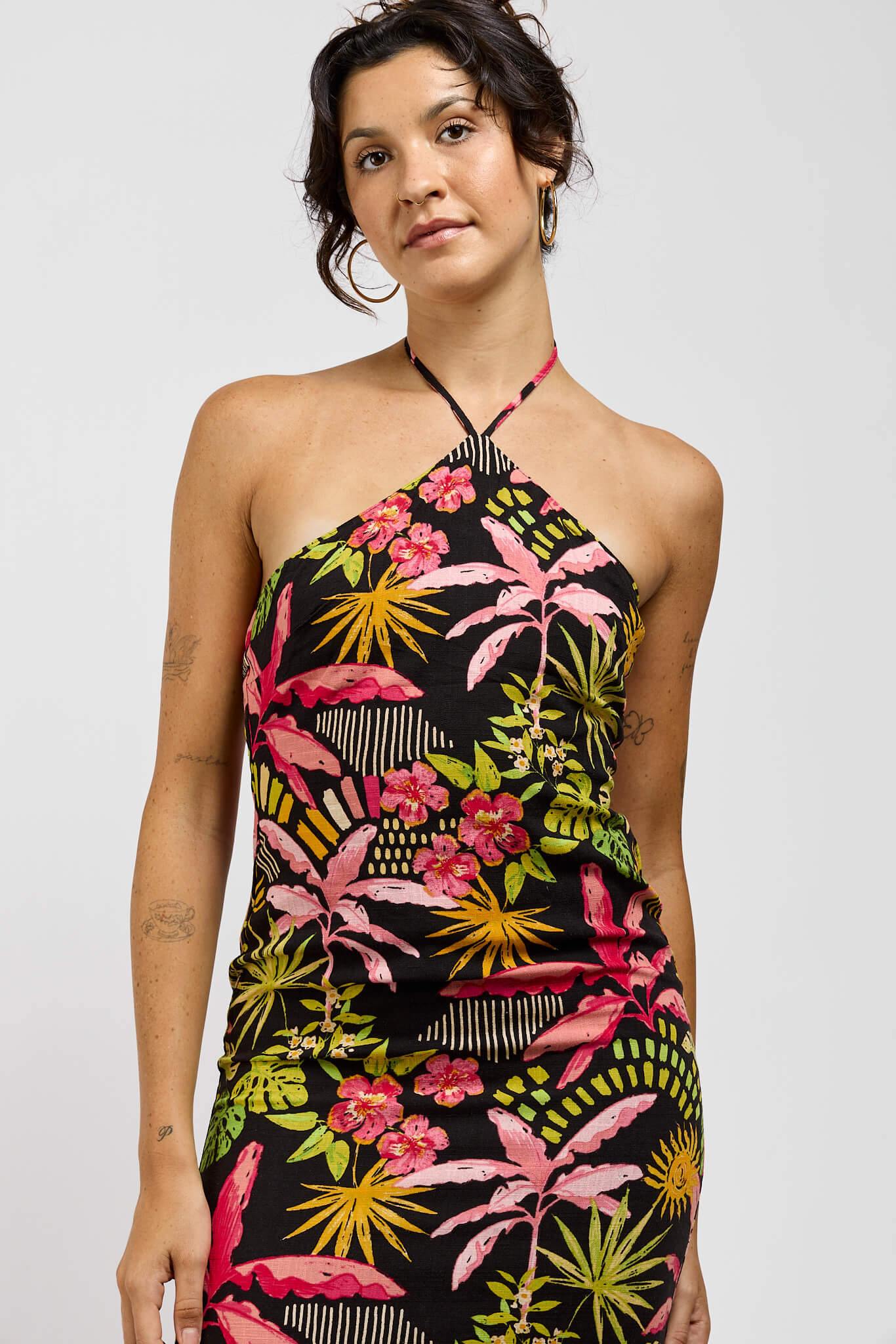 Womens printed halter neck dress with green and pink tropical print
