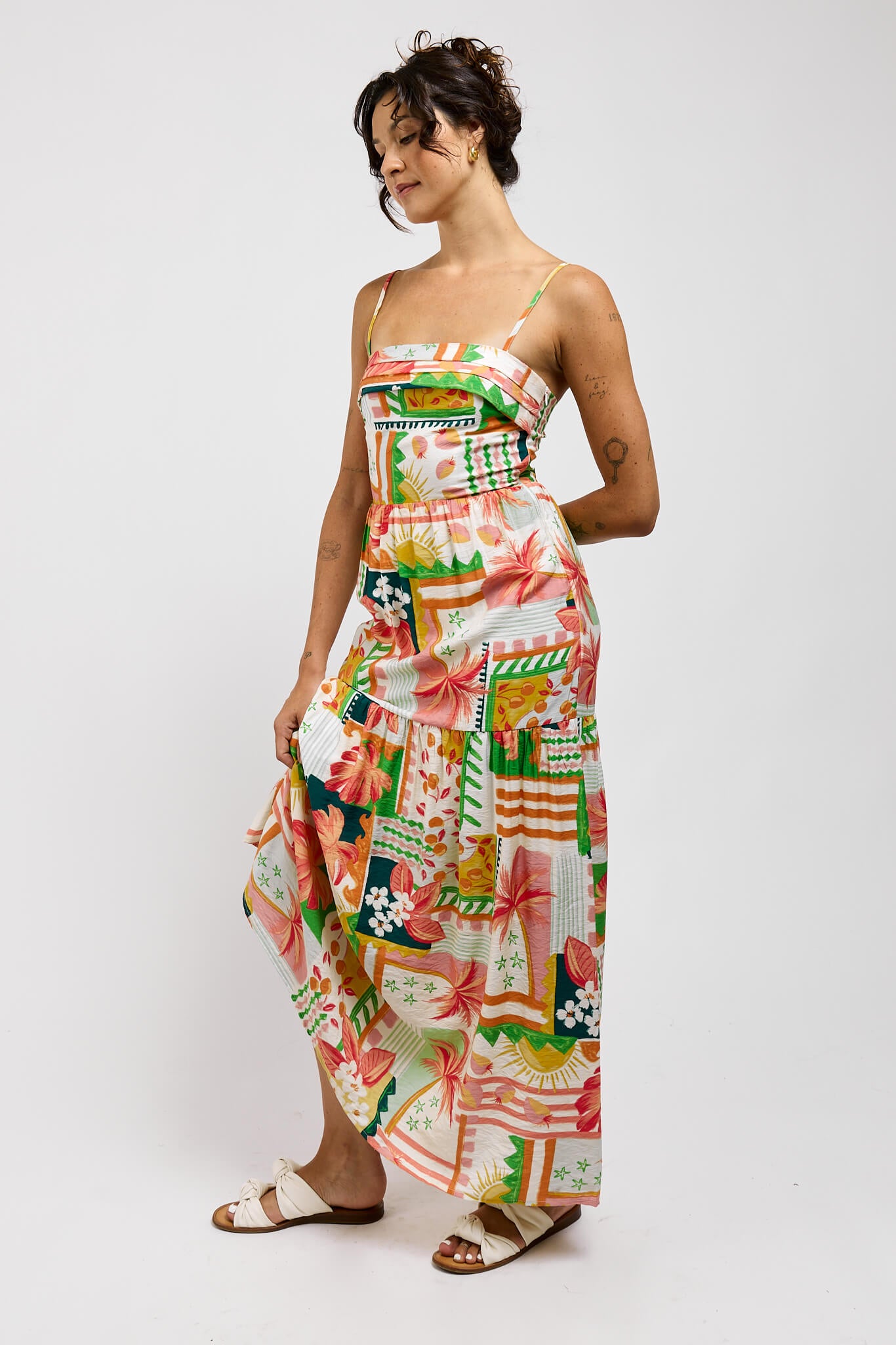 Womens floral and tropical printed tiered maxi dress with adjustable straps