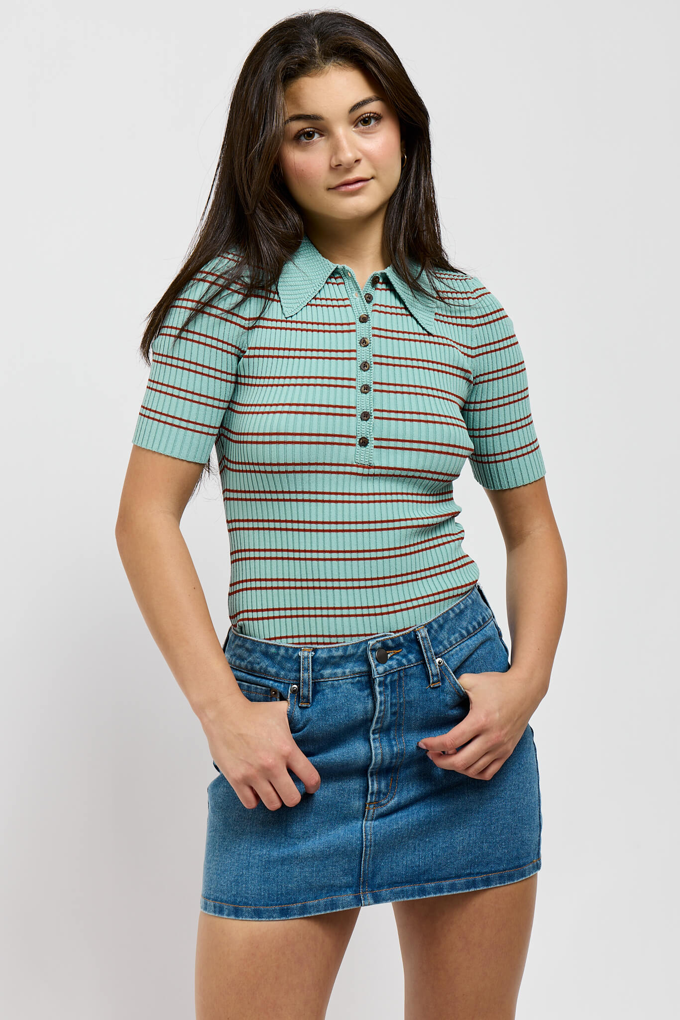 Womens ribbed striped top with buttonup detail