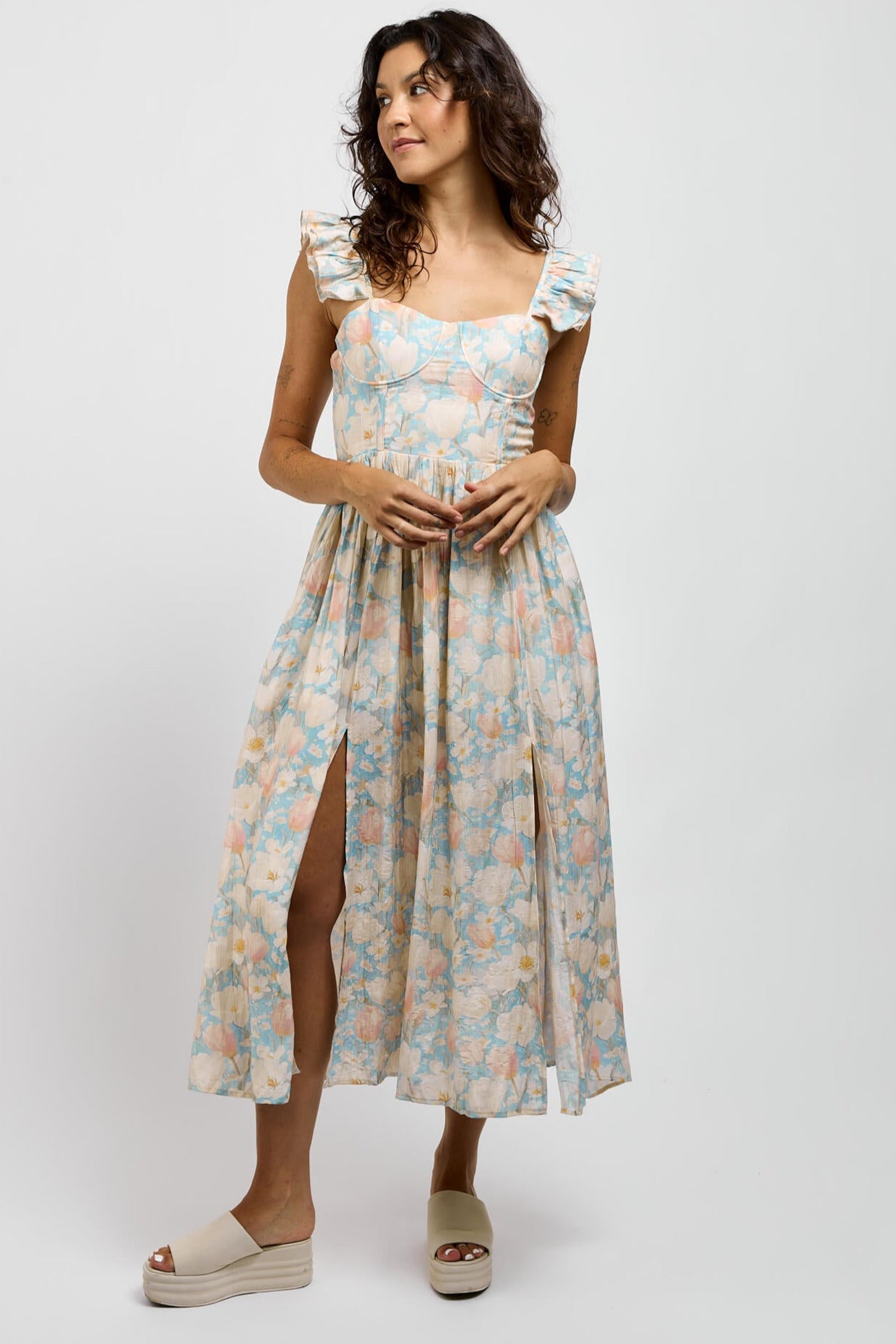 Womens floral dress with bustier top and cups