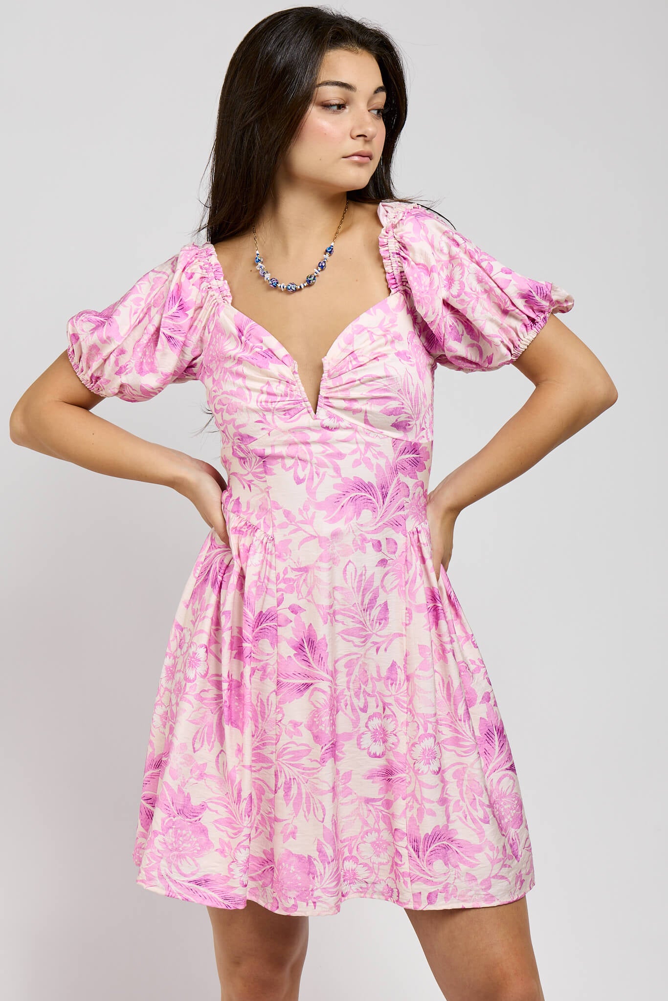 Womens dress with front V detail and flowy short skirt