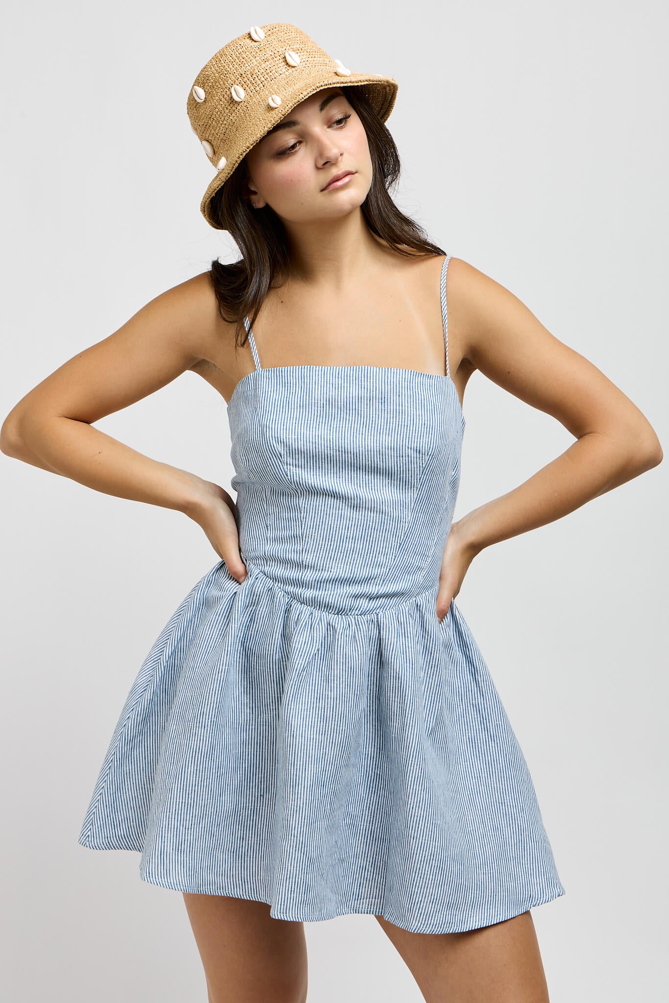 Womens straight neckline mini dress with slight flare and spaghetti stripes
