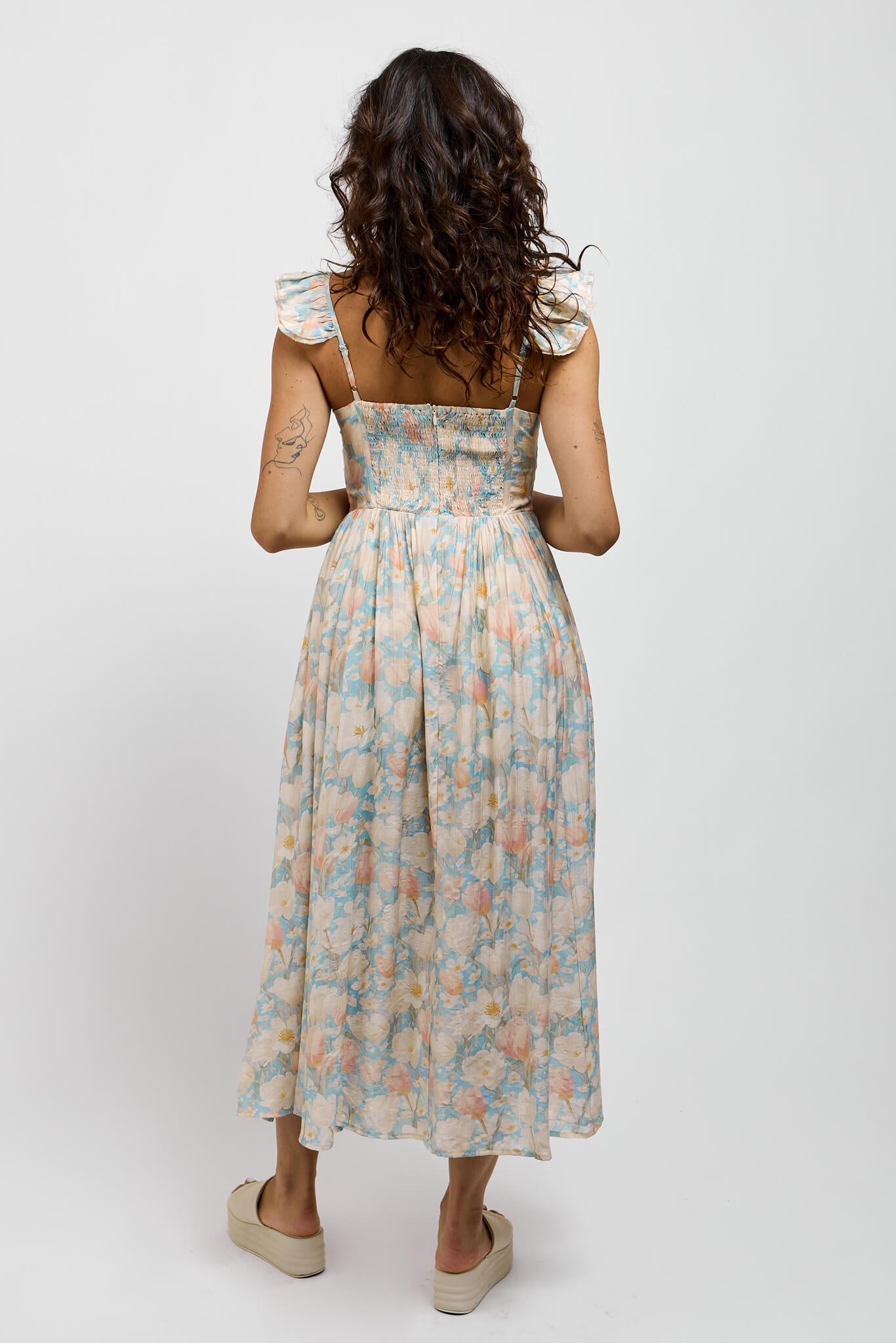 Womens floral dress with stretchy back and zipper closure