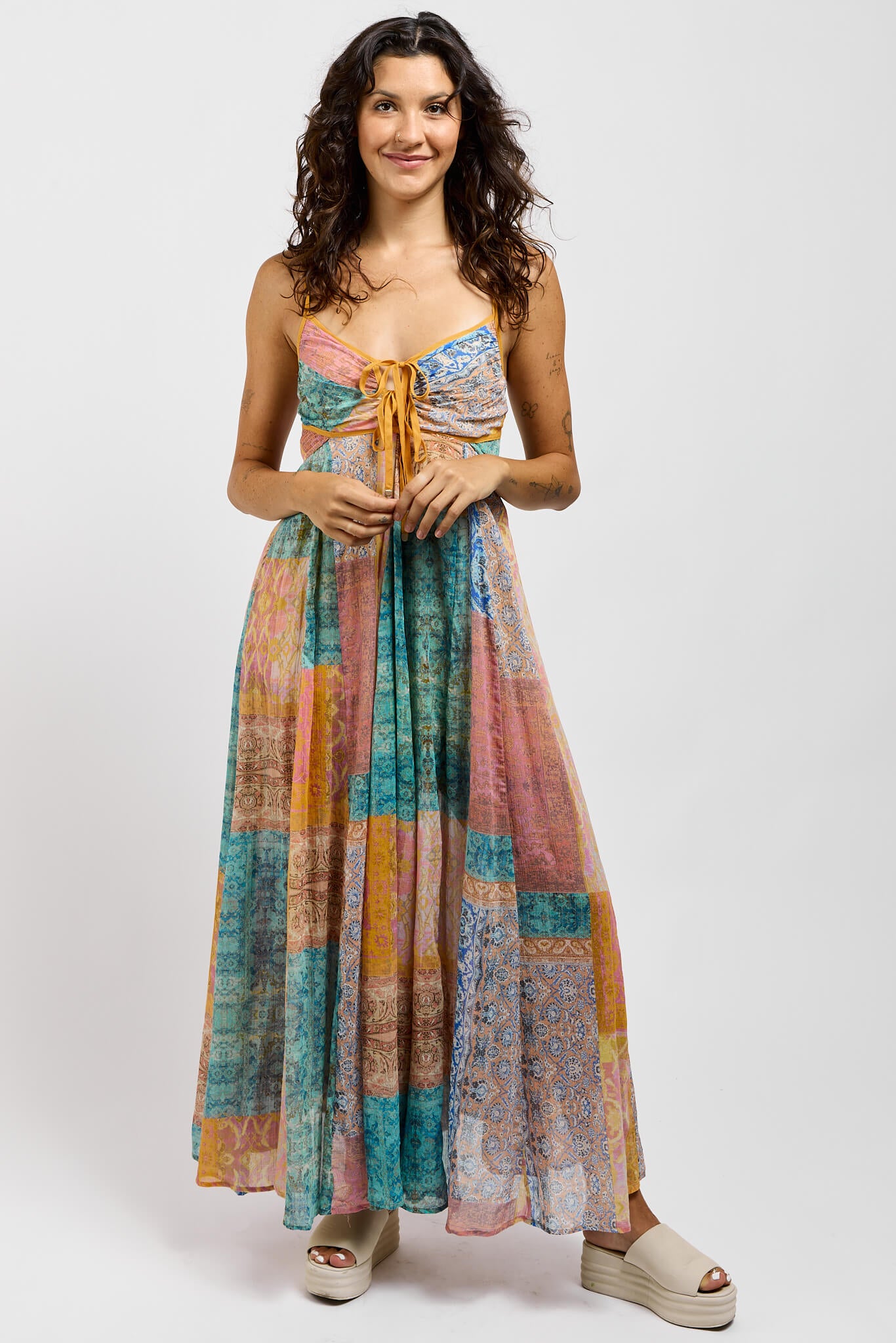 Womens patchwork colorful dress with front tie