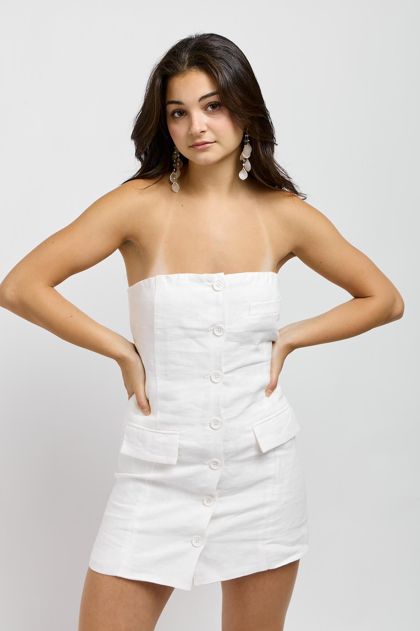 Womens white linen buttonup dress