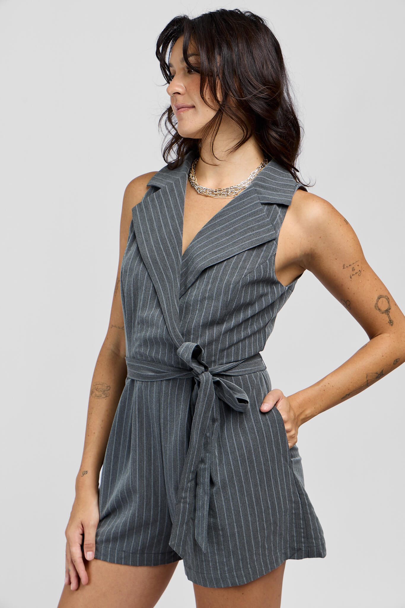 Womens pinstripe sleeveless romper