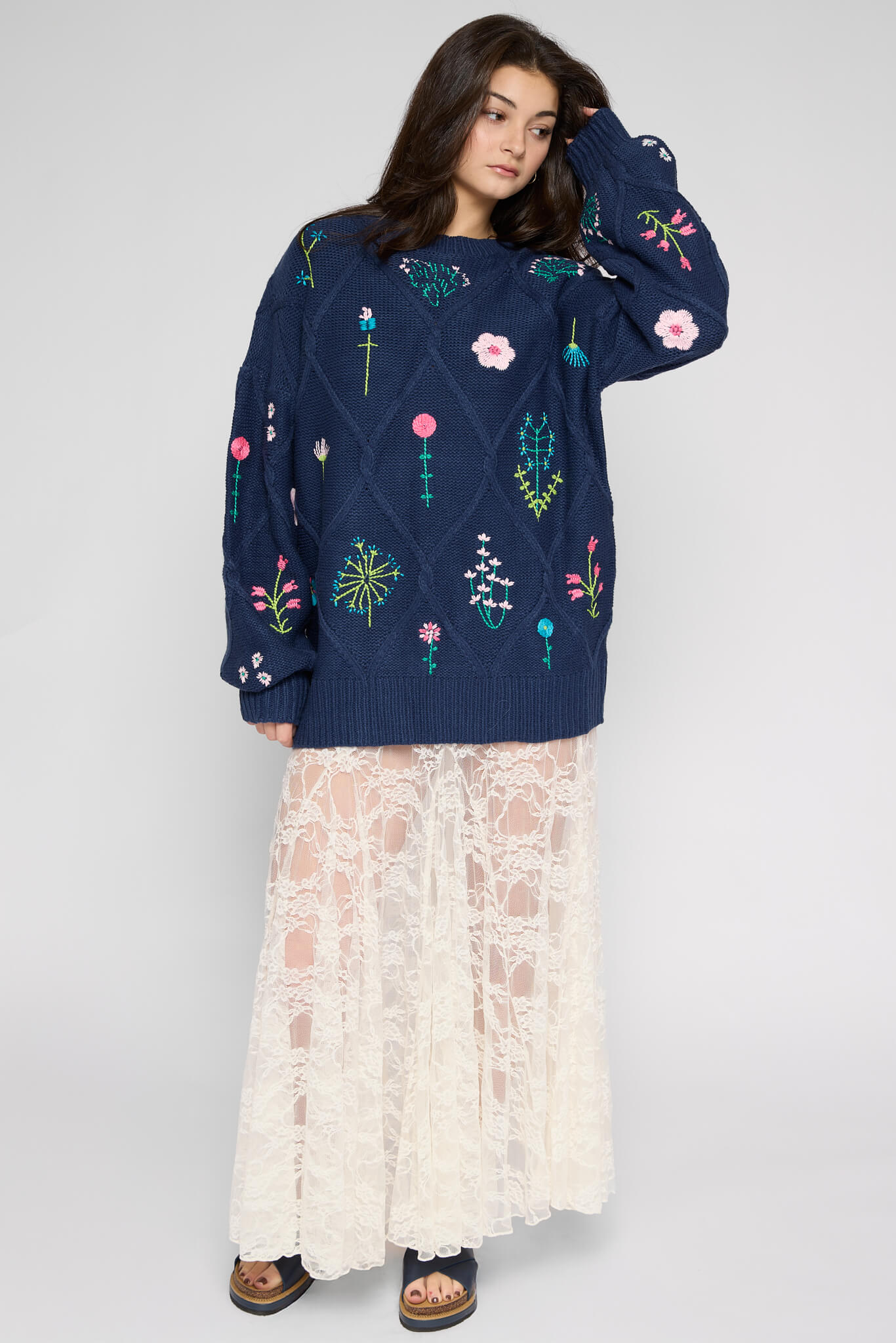 Womens floral embroidered knit sweater