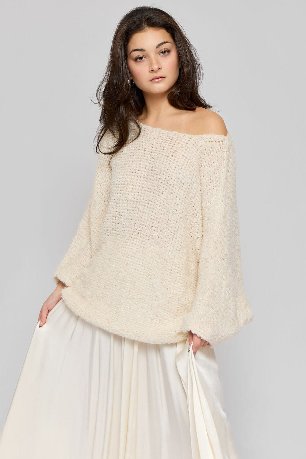 Womens ivory soft knit sweater with wide neck and dolman sleeves