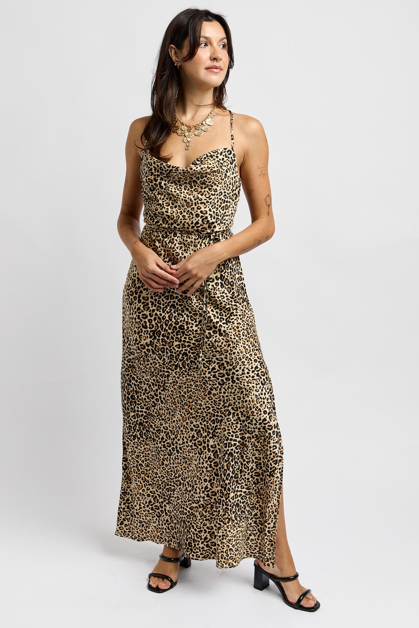 Womens leopard print midi dress with side leg slit