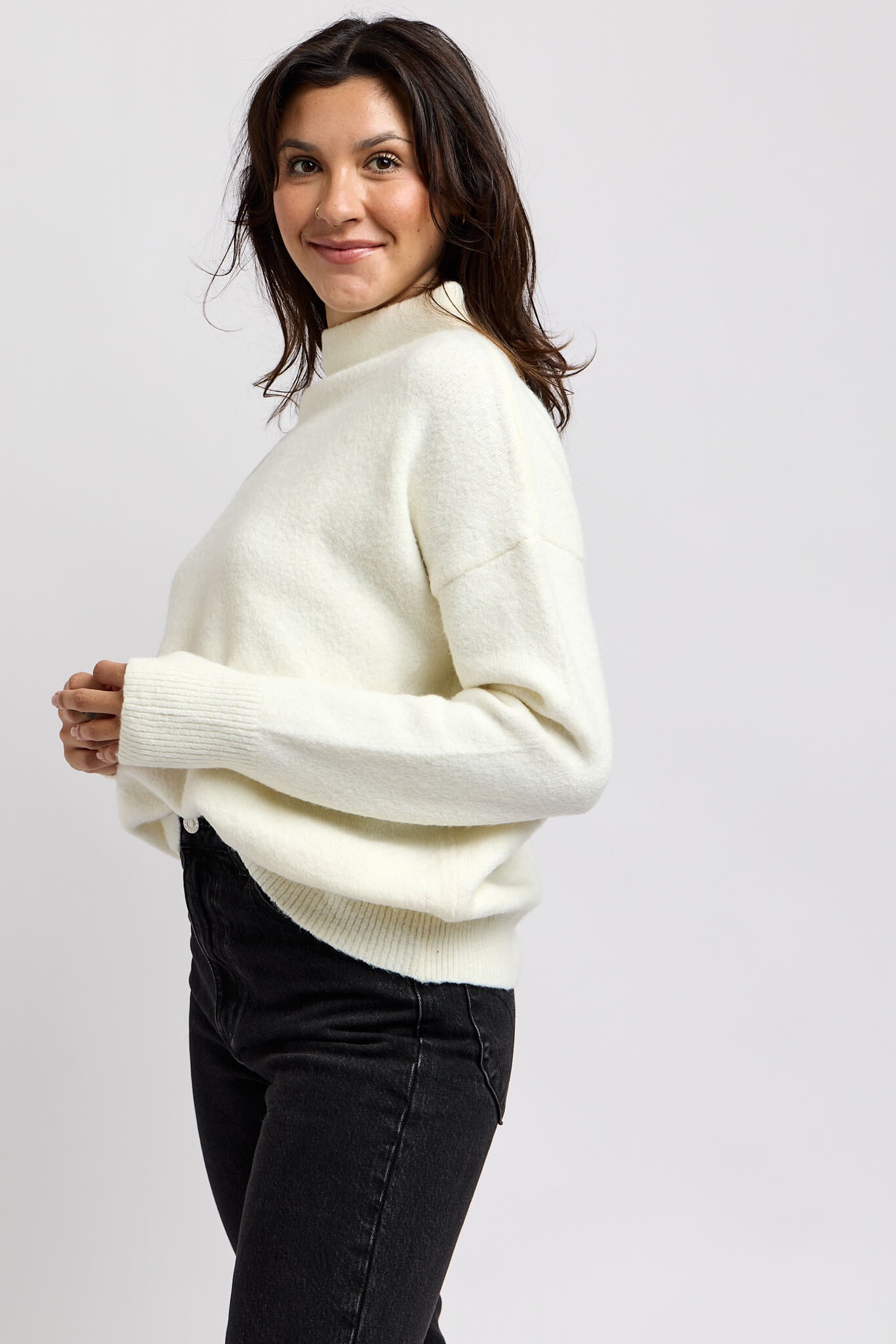 Womens relaxed fit ivory smocked sweater