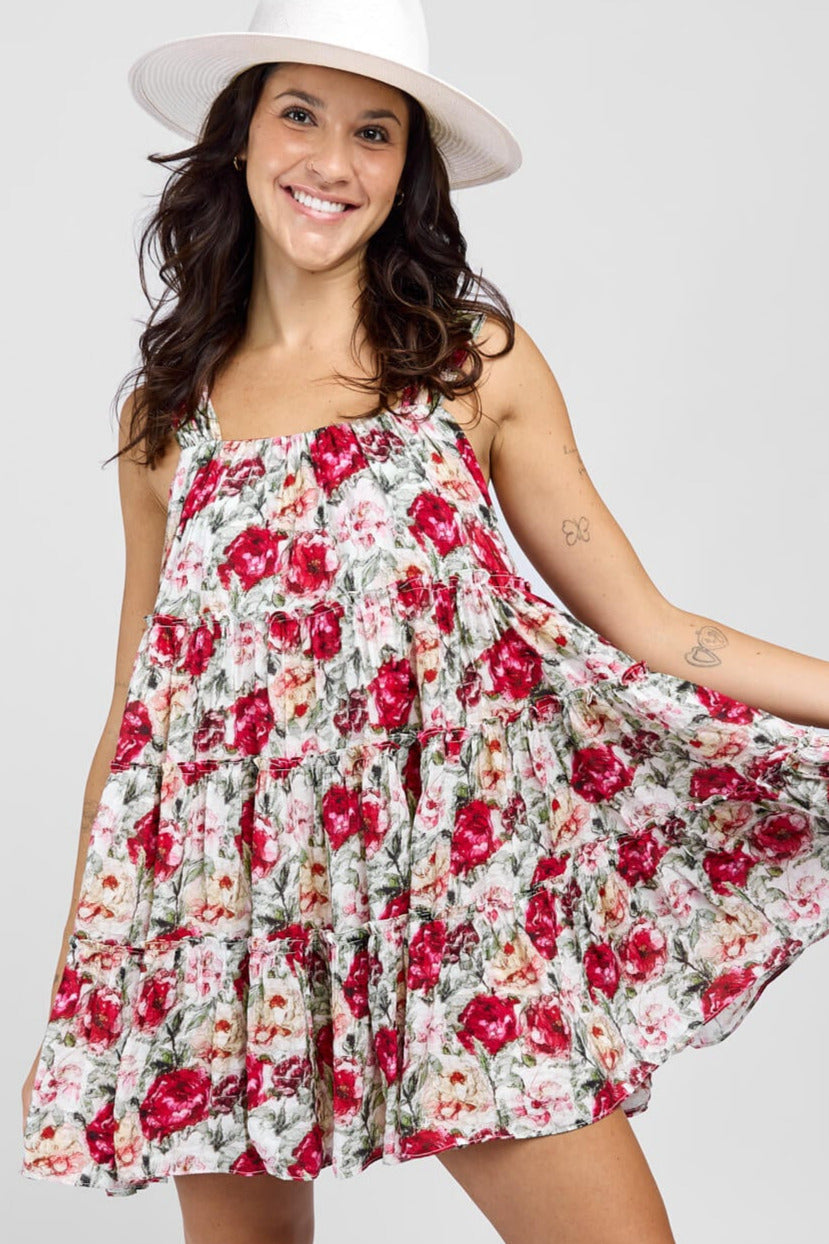 Womens mini babydoll dress with red floral print
