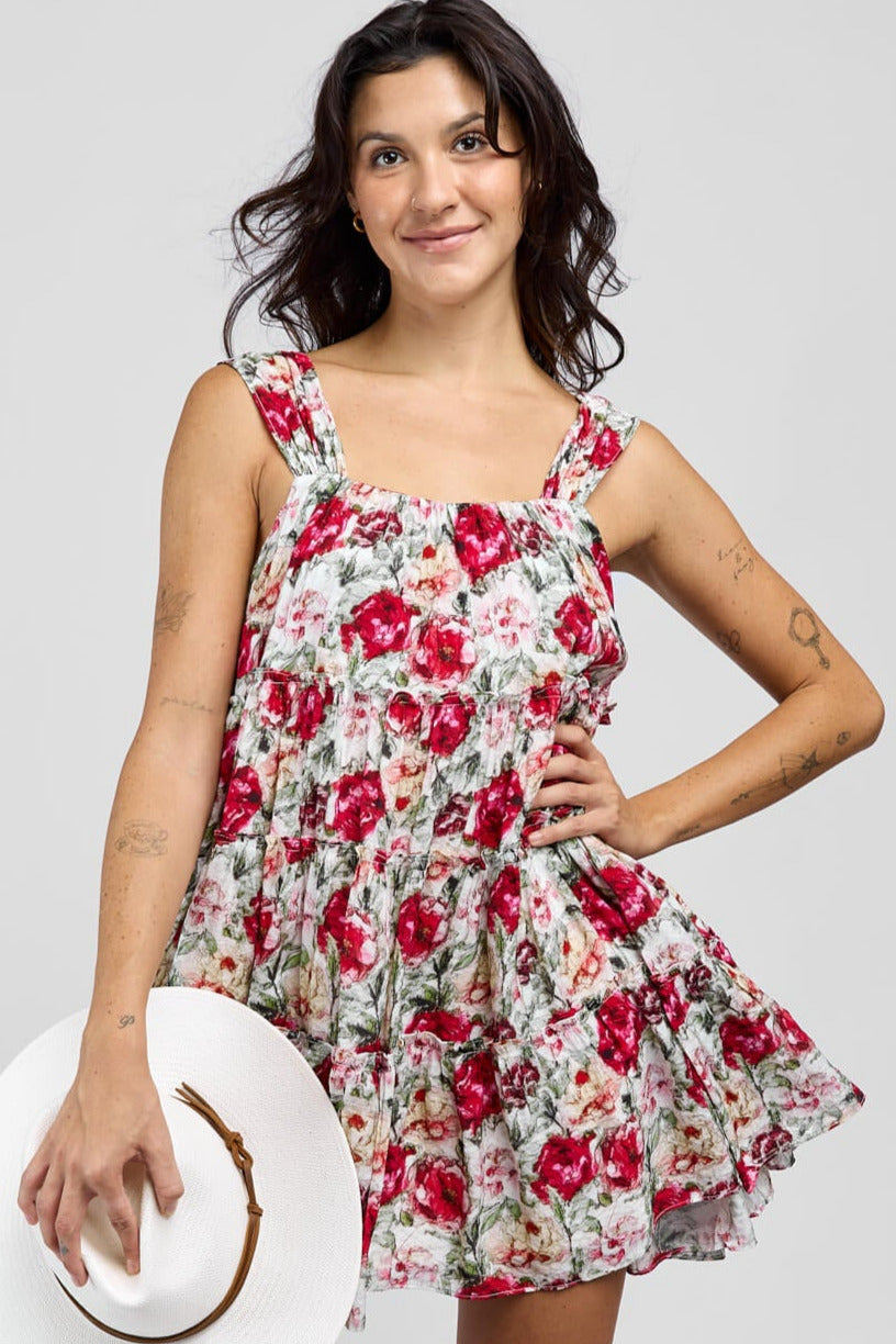 Womens red floral tiered dress