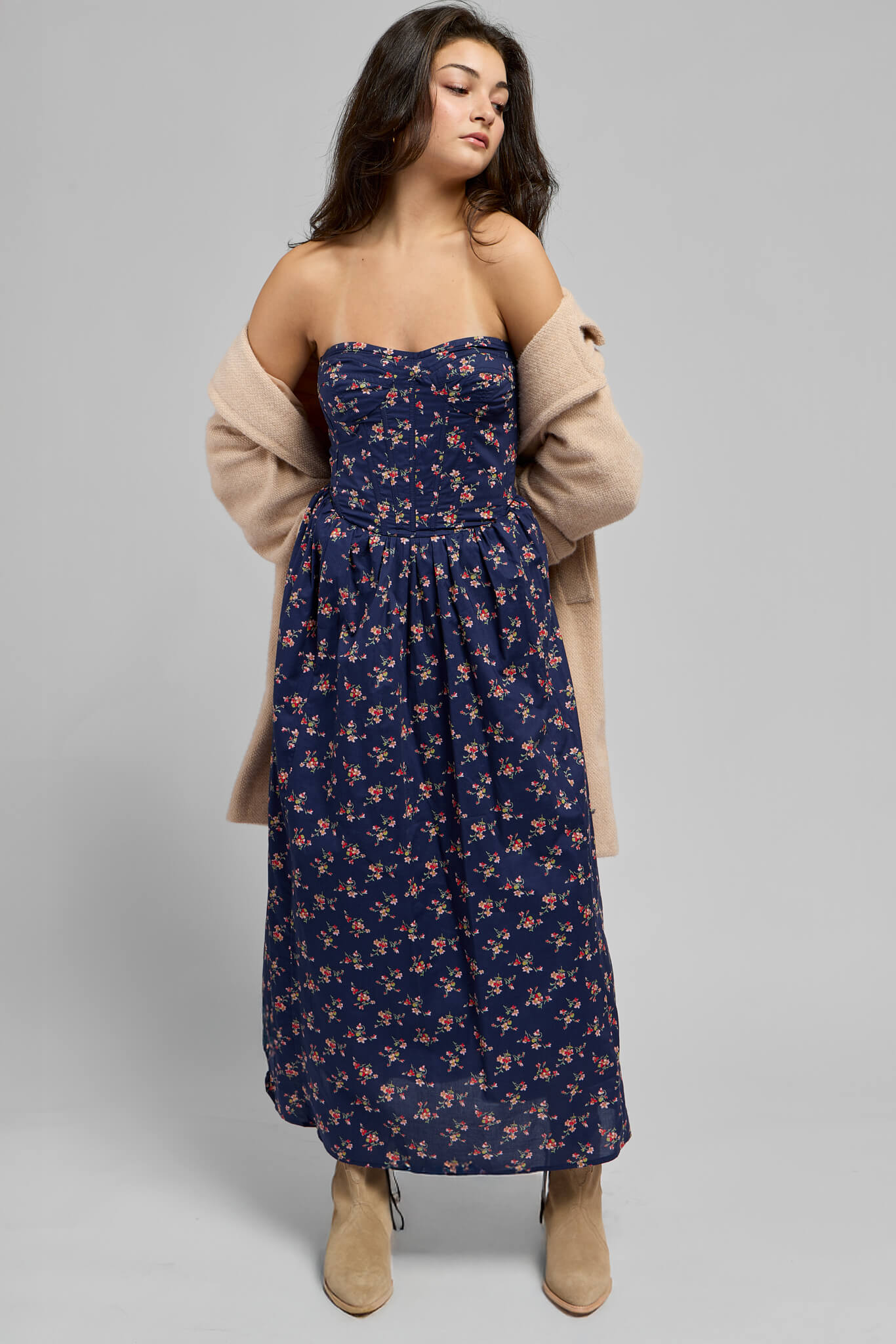 Womens strapless dress with corset style tip and flowy midi dress